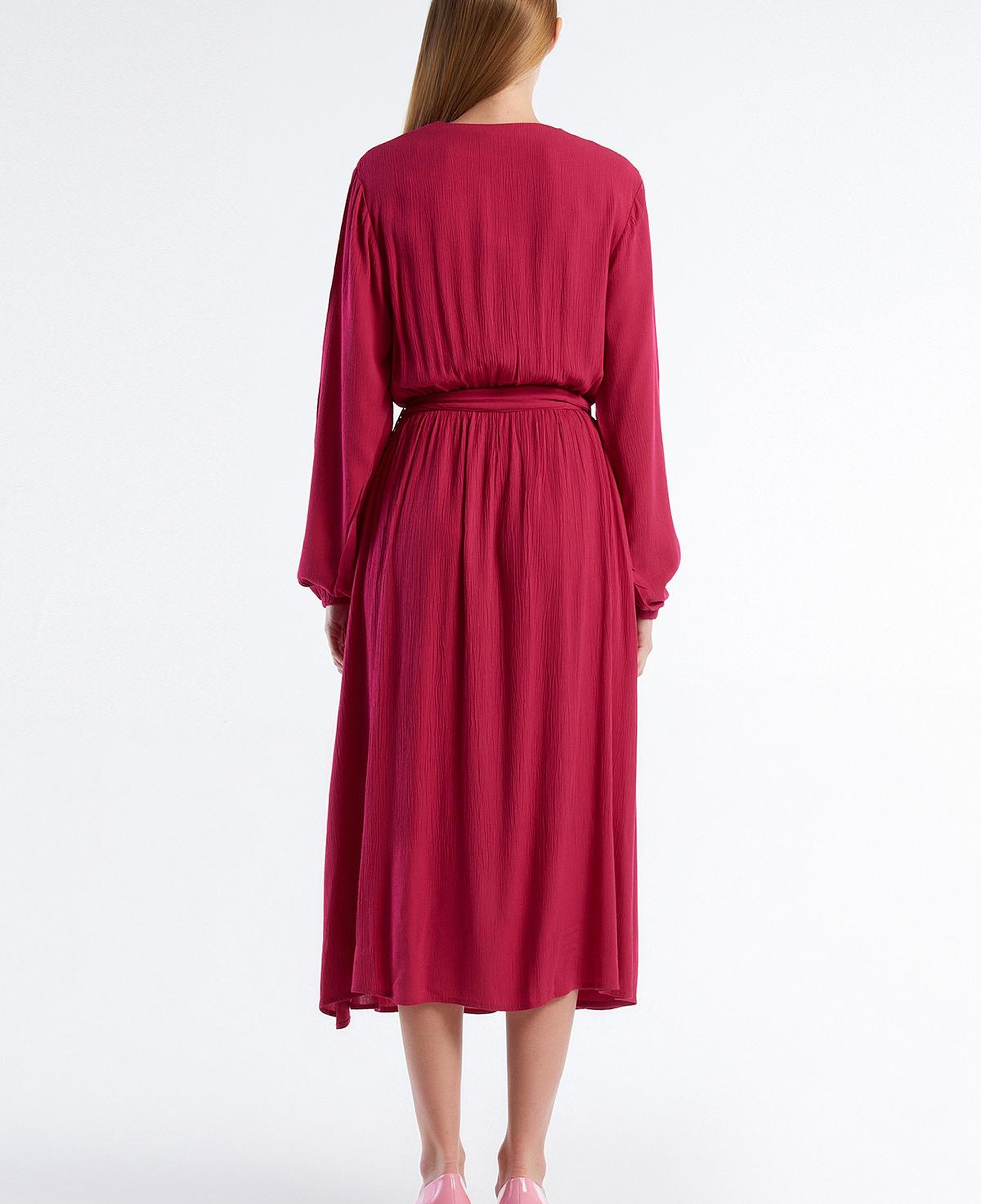 Kadın Fuşya %100 Viskoz Beli Kuşaklı Uzun Kollu Kruvaze Elbise