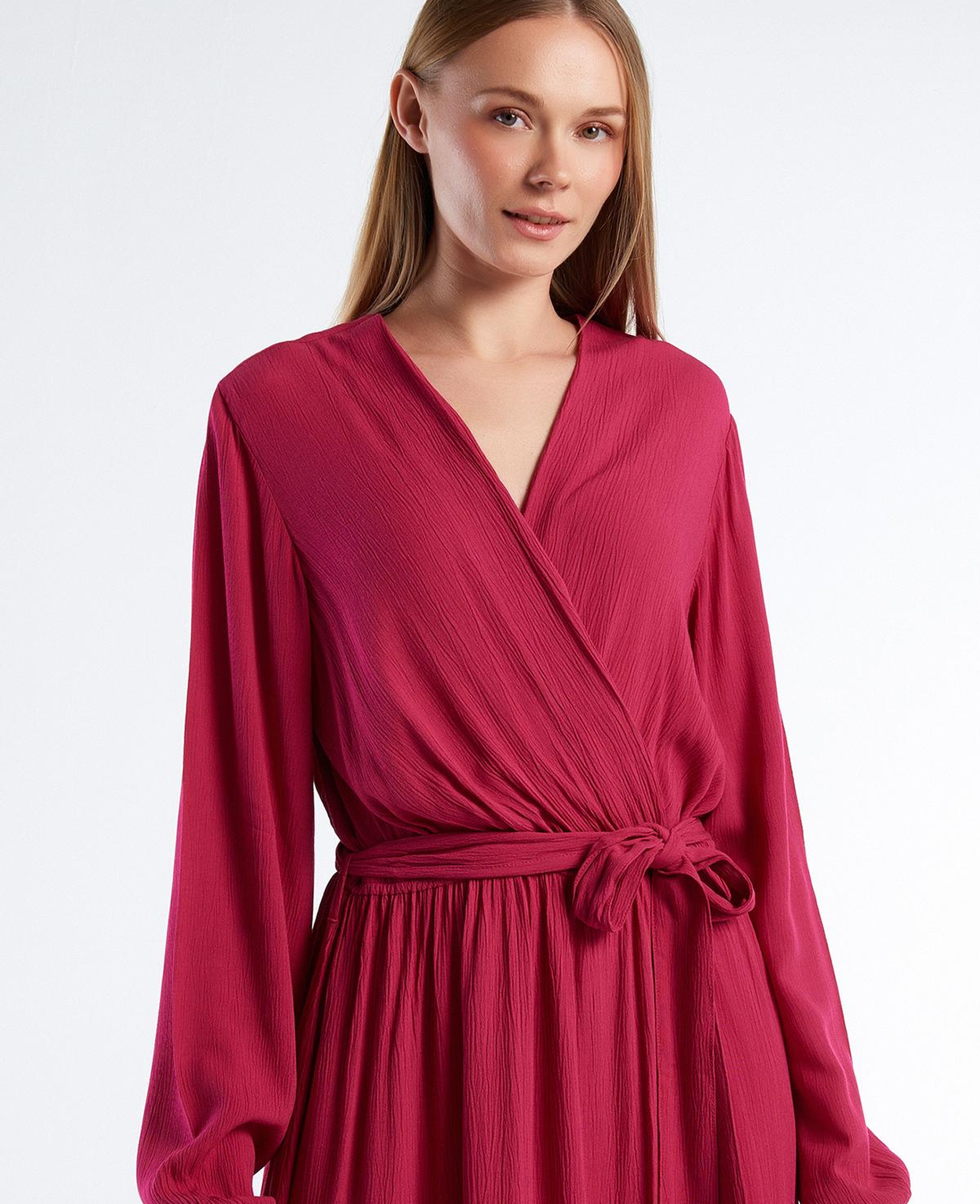Kadın Fuşya %100 Viskoz Beli Kuşaklı Uzun Kollu Kruvaze Elbise