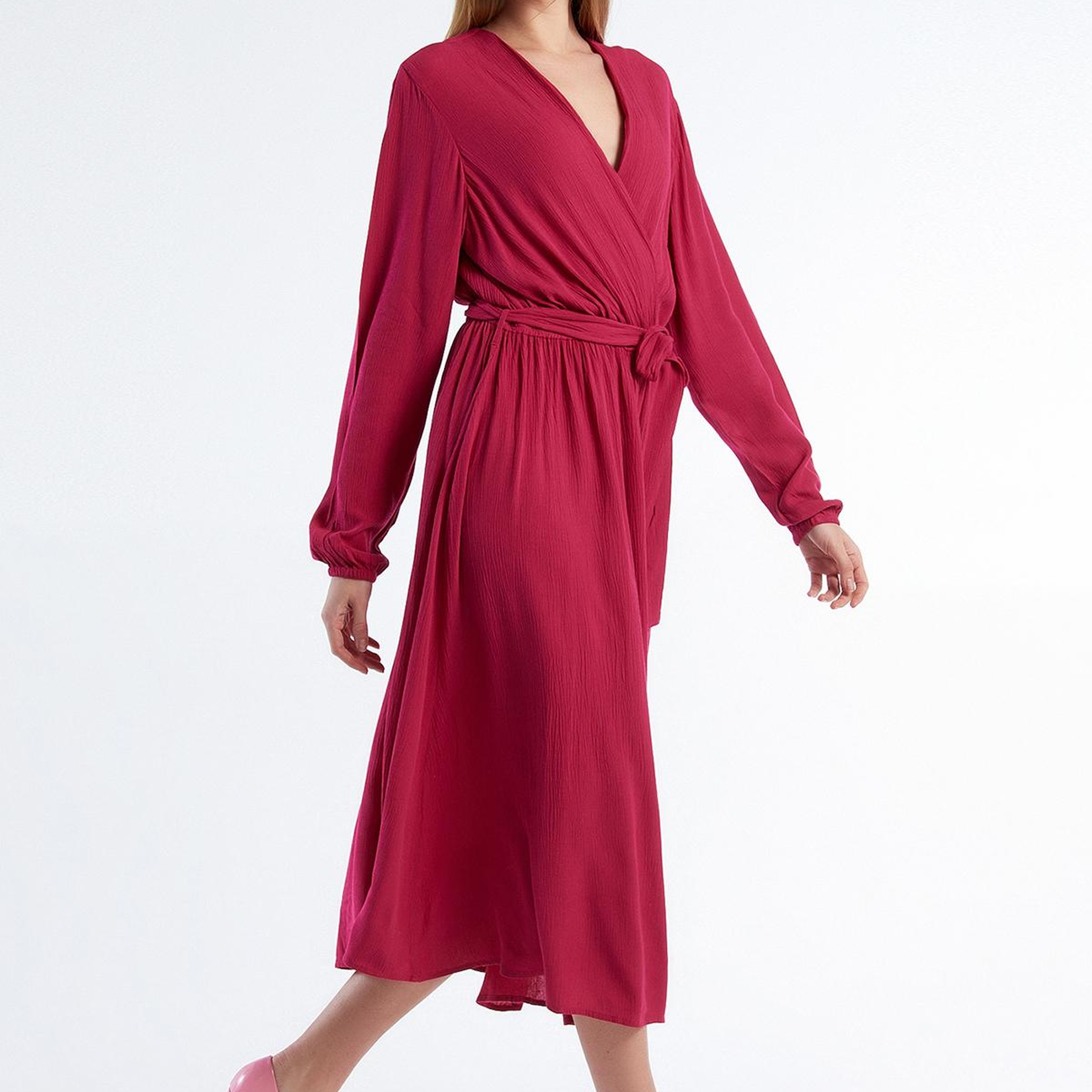 Kadın Fuşya %100 Viskoz Beli Kuşaklı Uzun Kollu Kruvaze Elbise