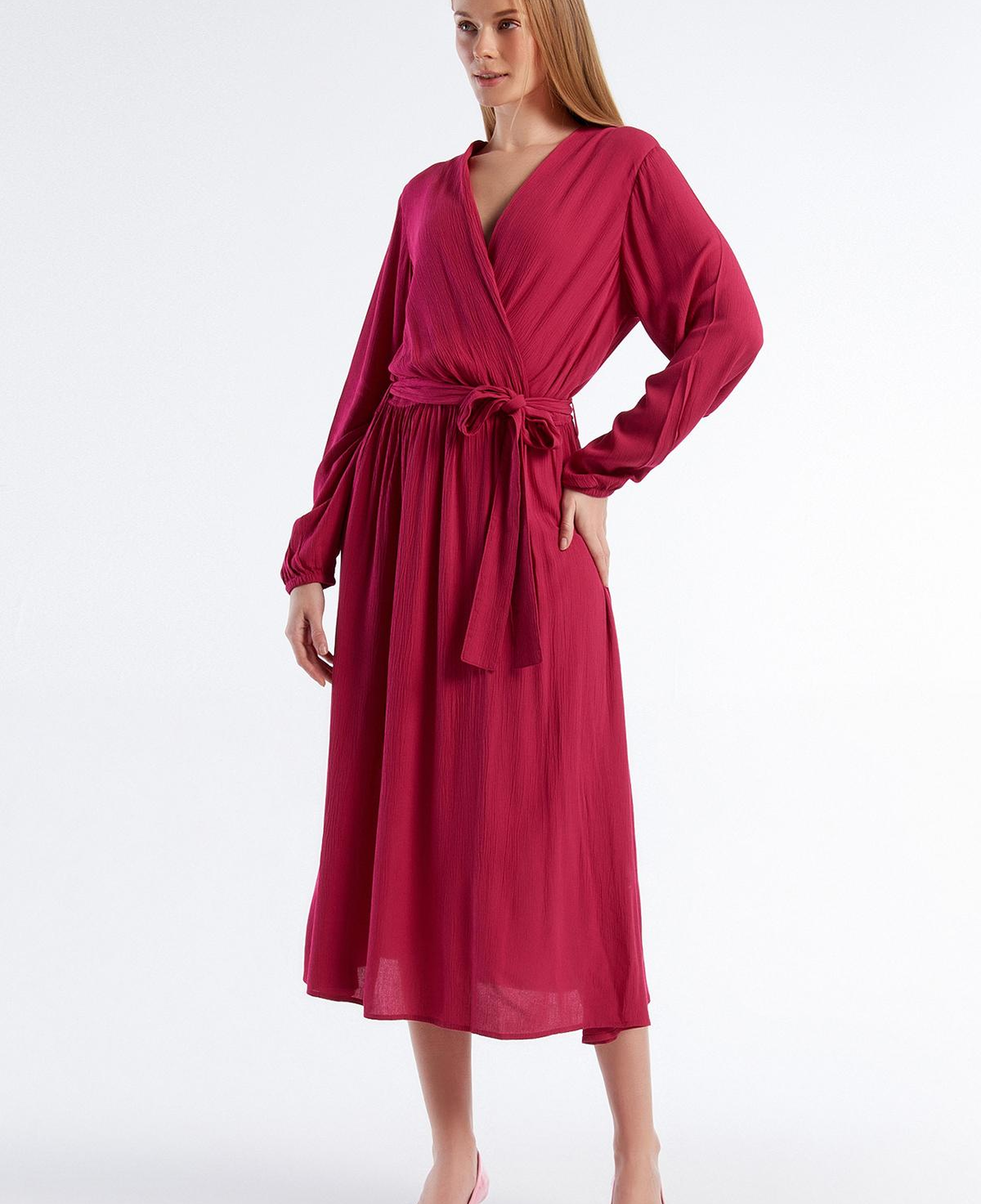 Kadın Fuşya %100 Viskoz Beli Kuşaklı Uzun Kollu Kruvaze Elbise