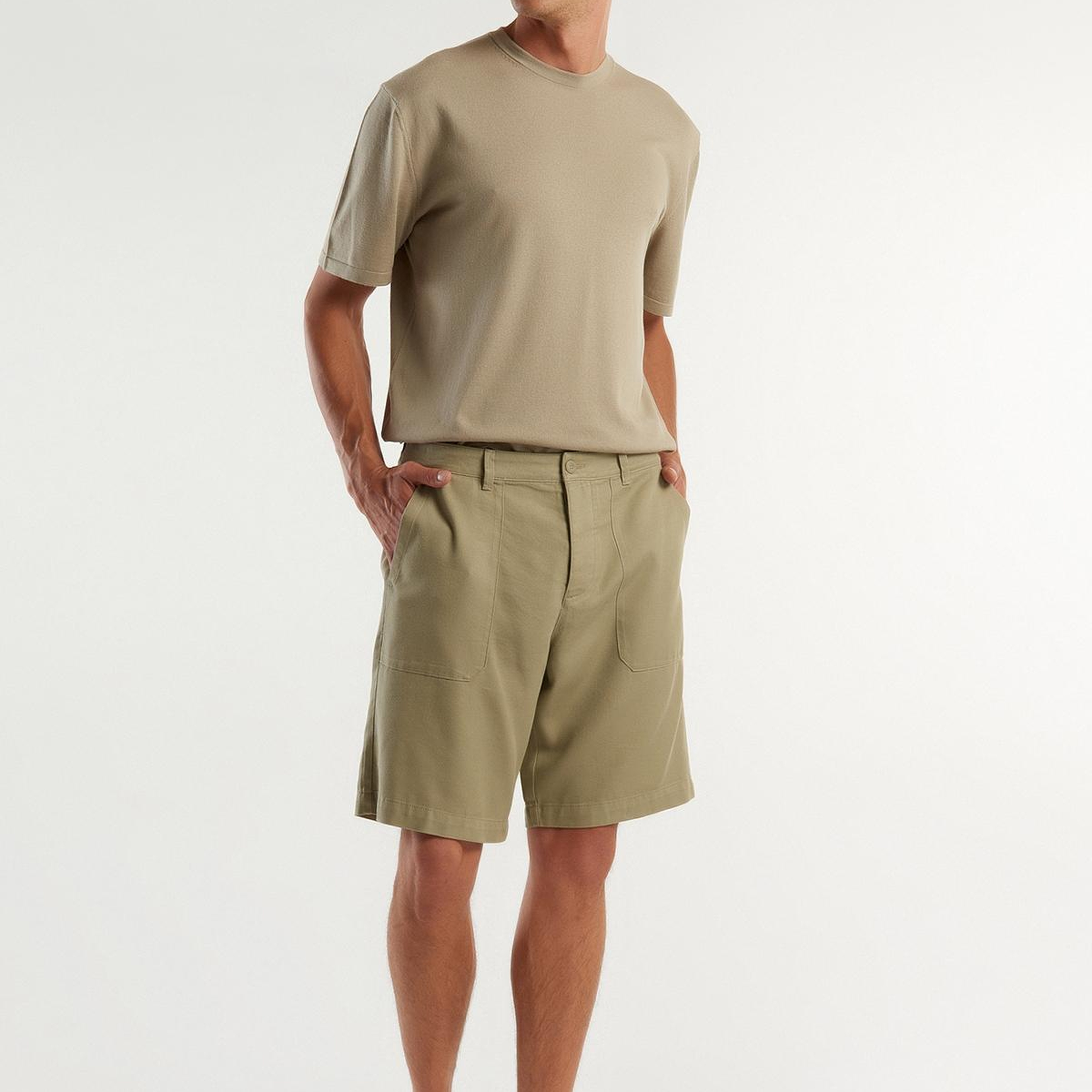 Erkek Haki Pamuk Karışımlı Büyük Yama Cepli Bermuda Şort