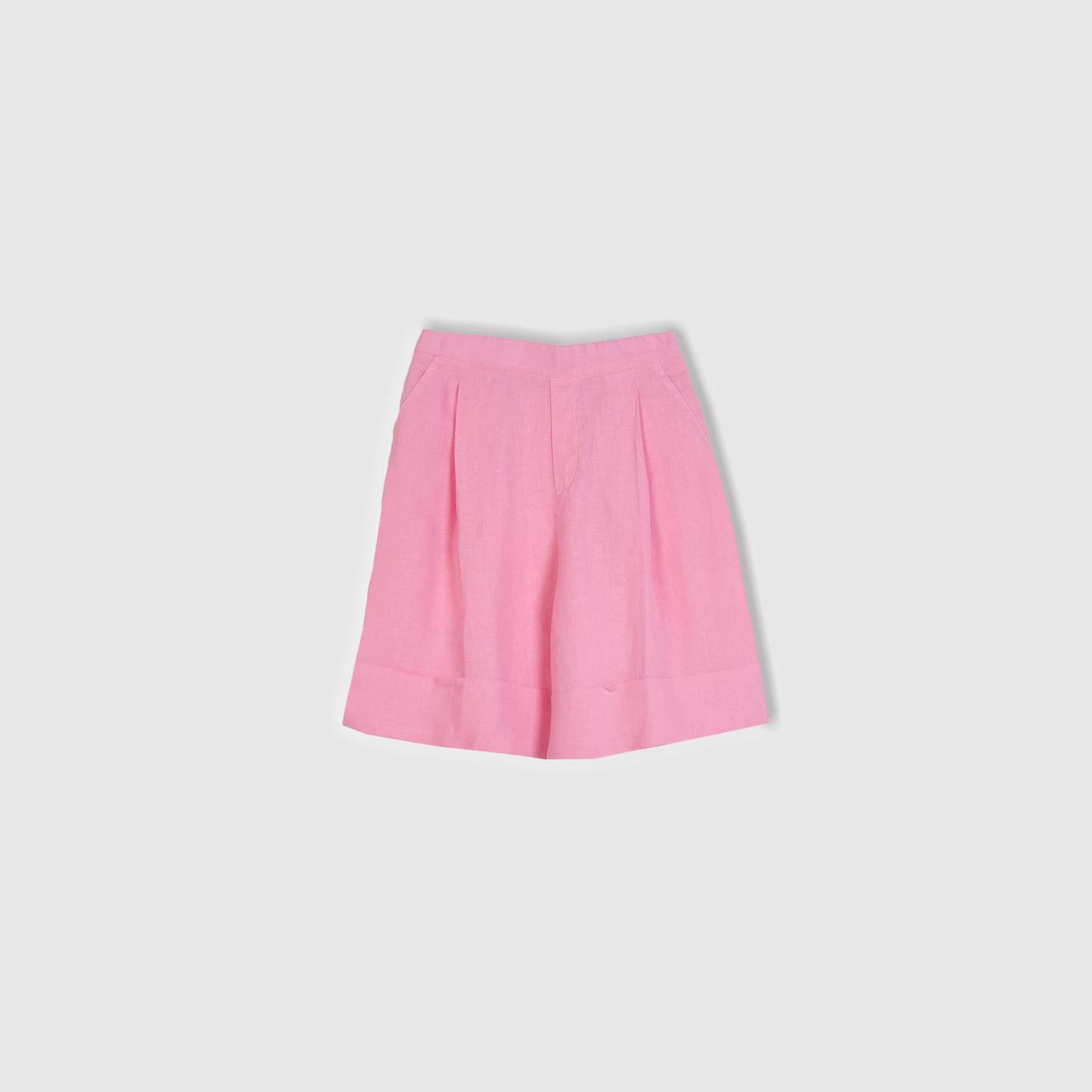 Kadın Pembe %100 Keten Beli Lastikli  Bermuda Şort