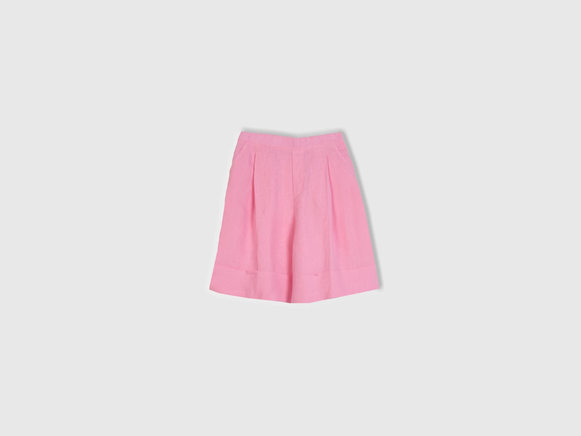 Kadın Pembe %100 Keten Beli Lastikli  Bermuda Şort