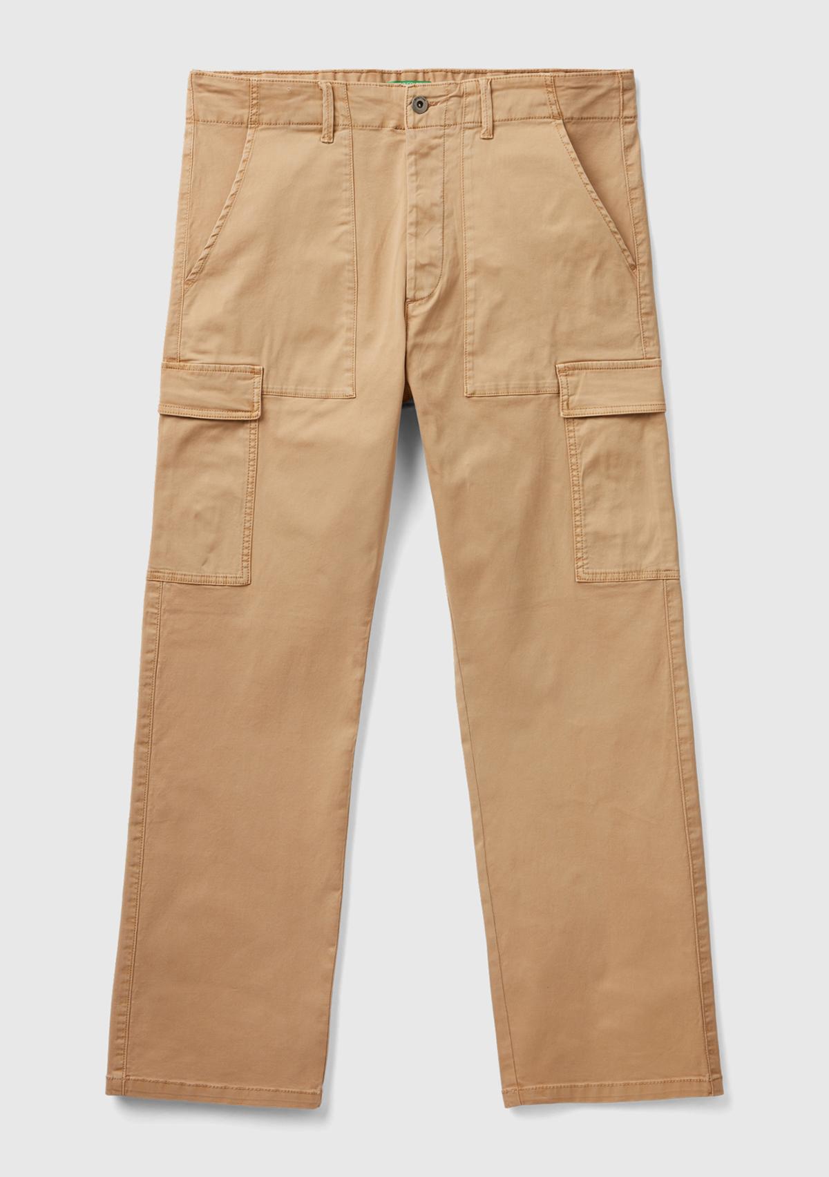 Erkek Taba Esnek Koton Kargo Denim Pantolon