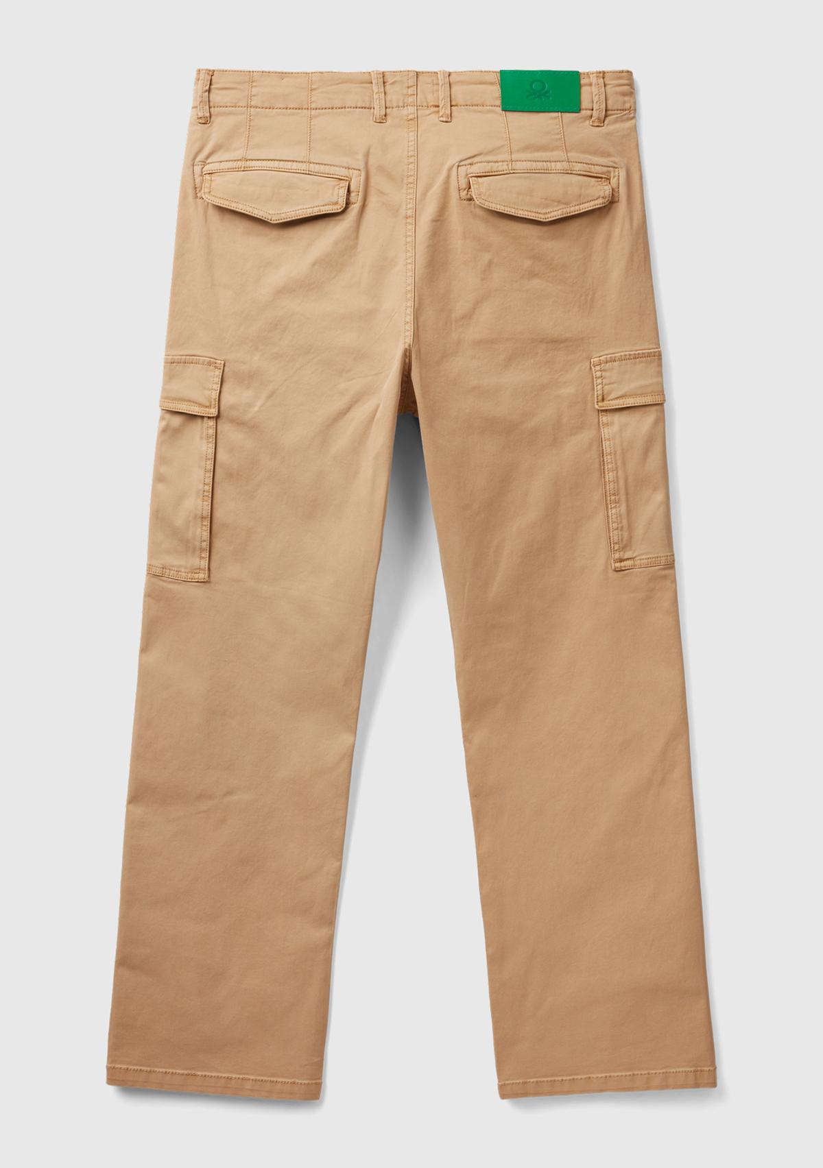 Erkek Taba Esnek Koton Kargo Denim Pantolon