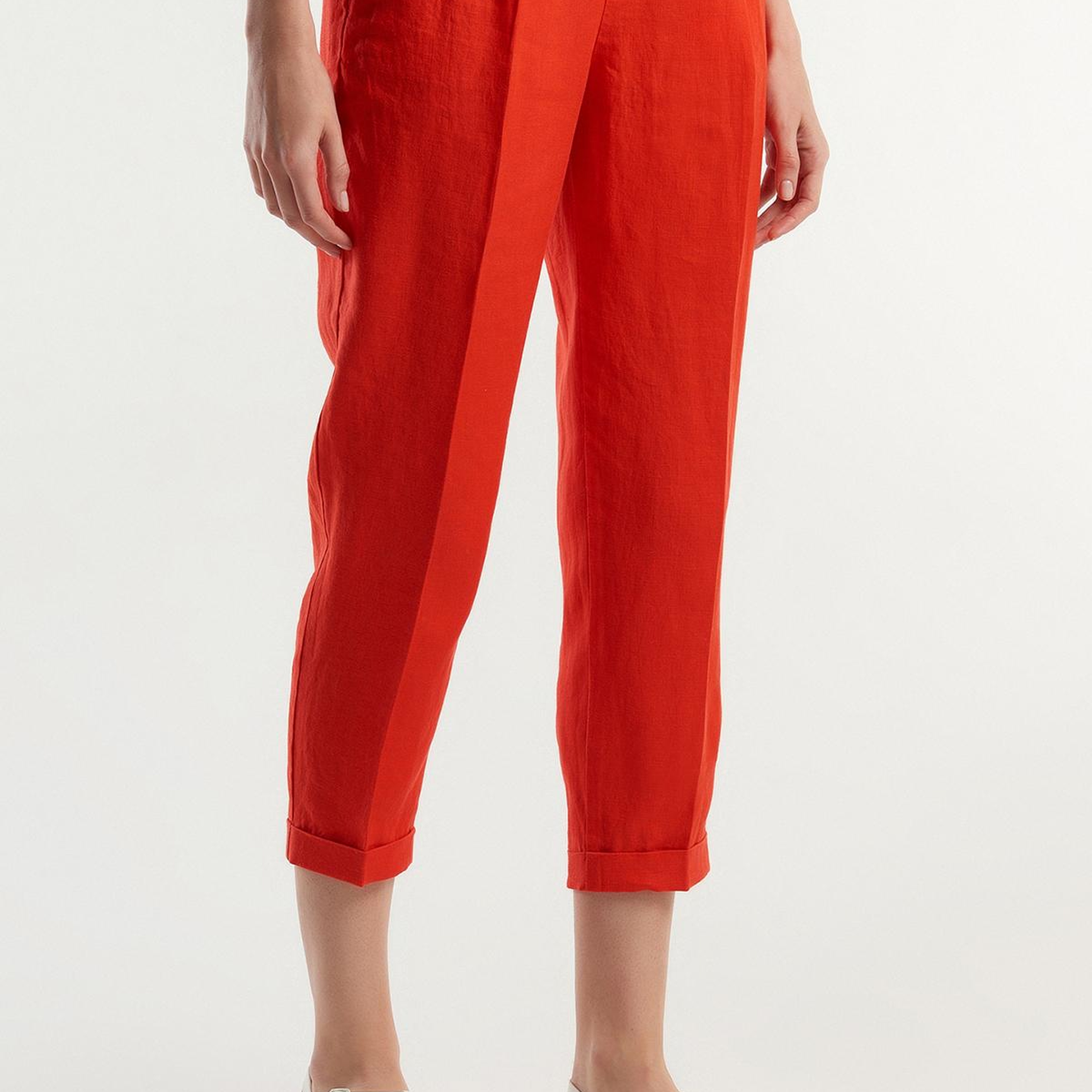 Kadın Kırmızı %100 Keten Beli Lastikli Pantolon