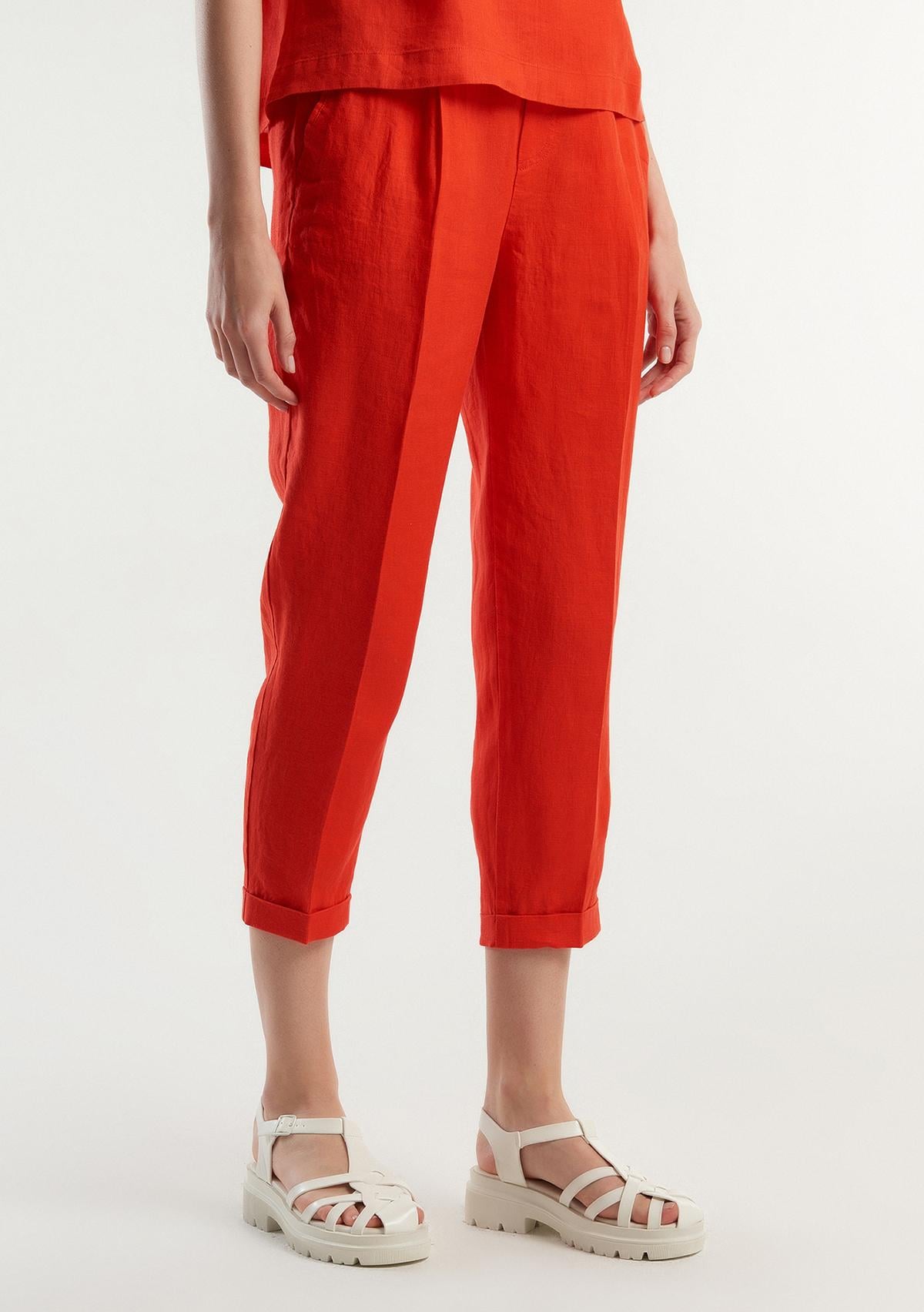 Kadın Kırmızı %100 Keten Beli Lastikli Pantolon