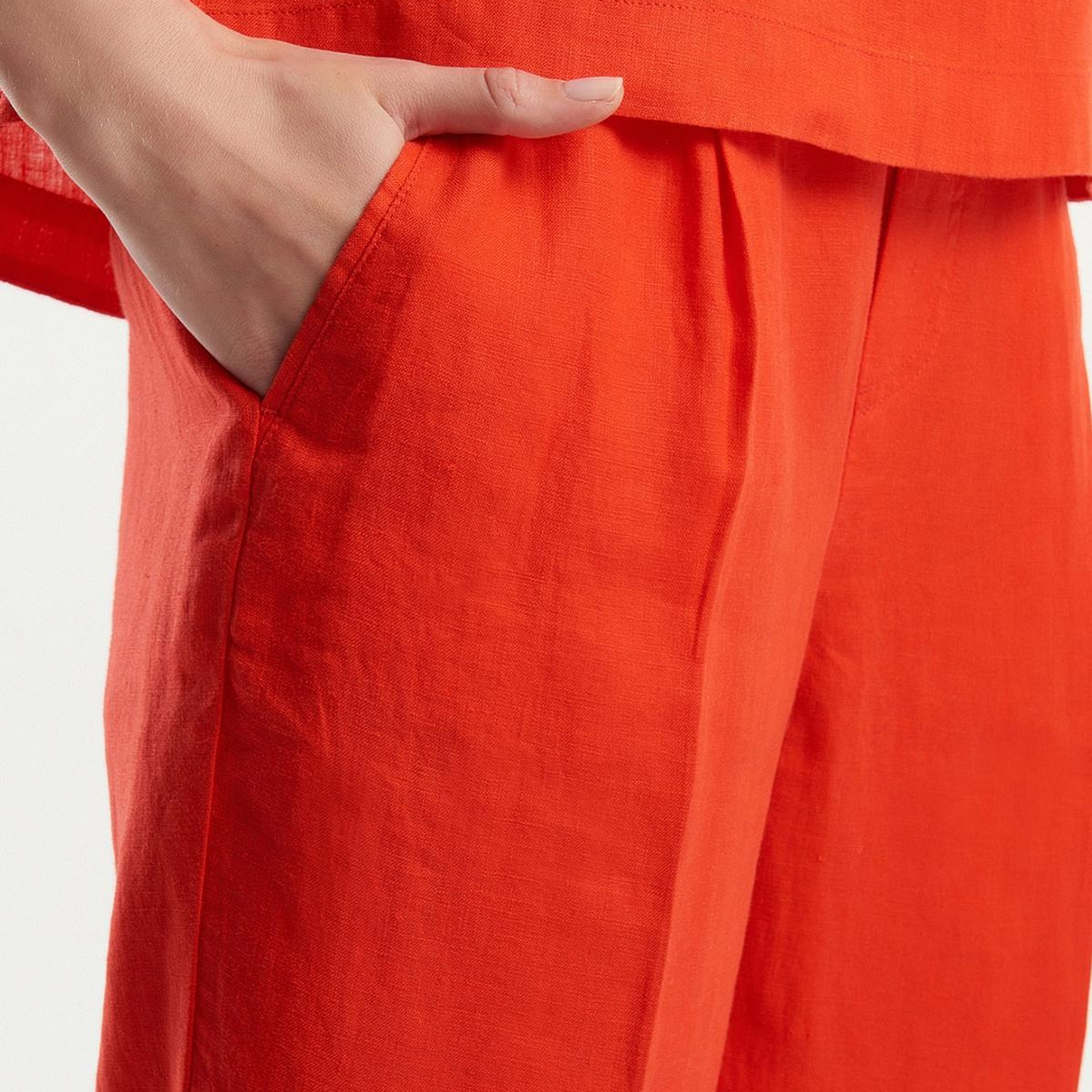 Kadın Kırmızı %100 Keten Beli Lastikli Pantolon