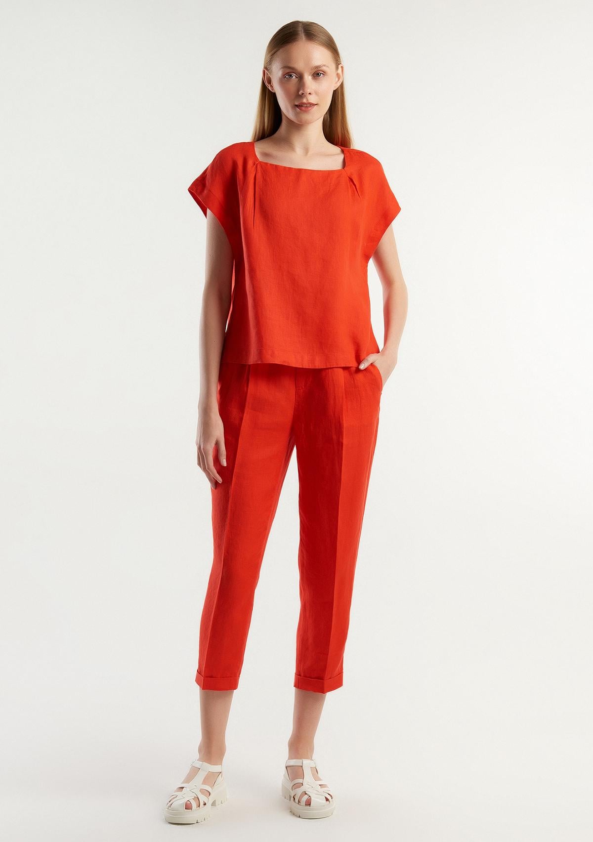 Kadın Kırmızı %100 Keten Beli Lastikli Pantolon
