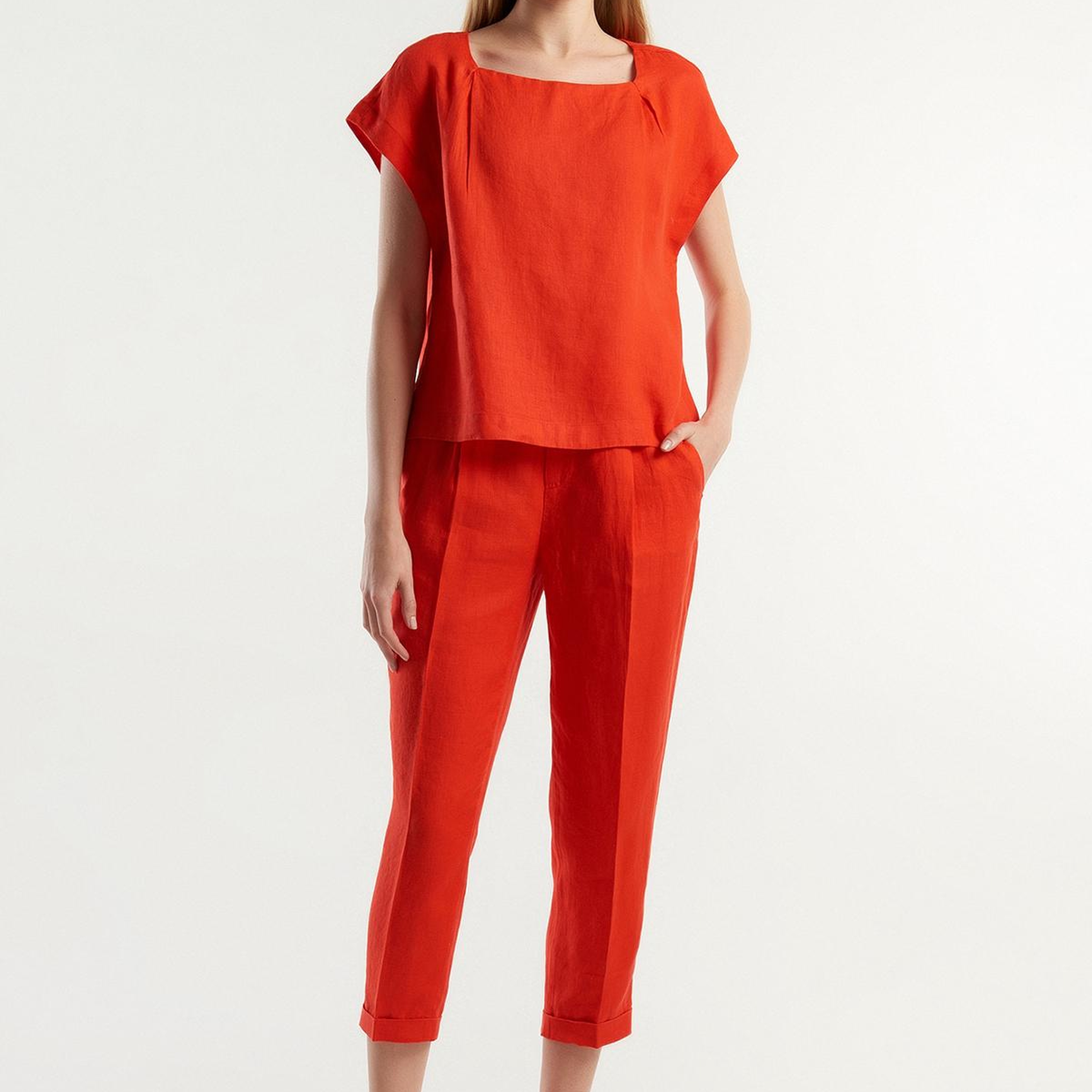 Kadın Kırmızı %100 Keten Beli Lastikli Pantolon