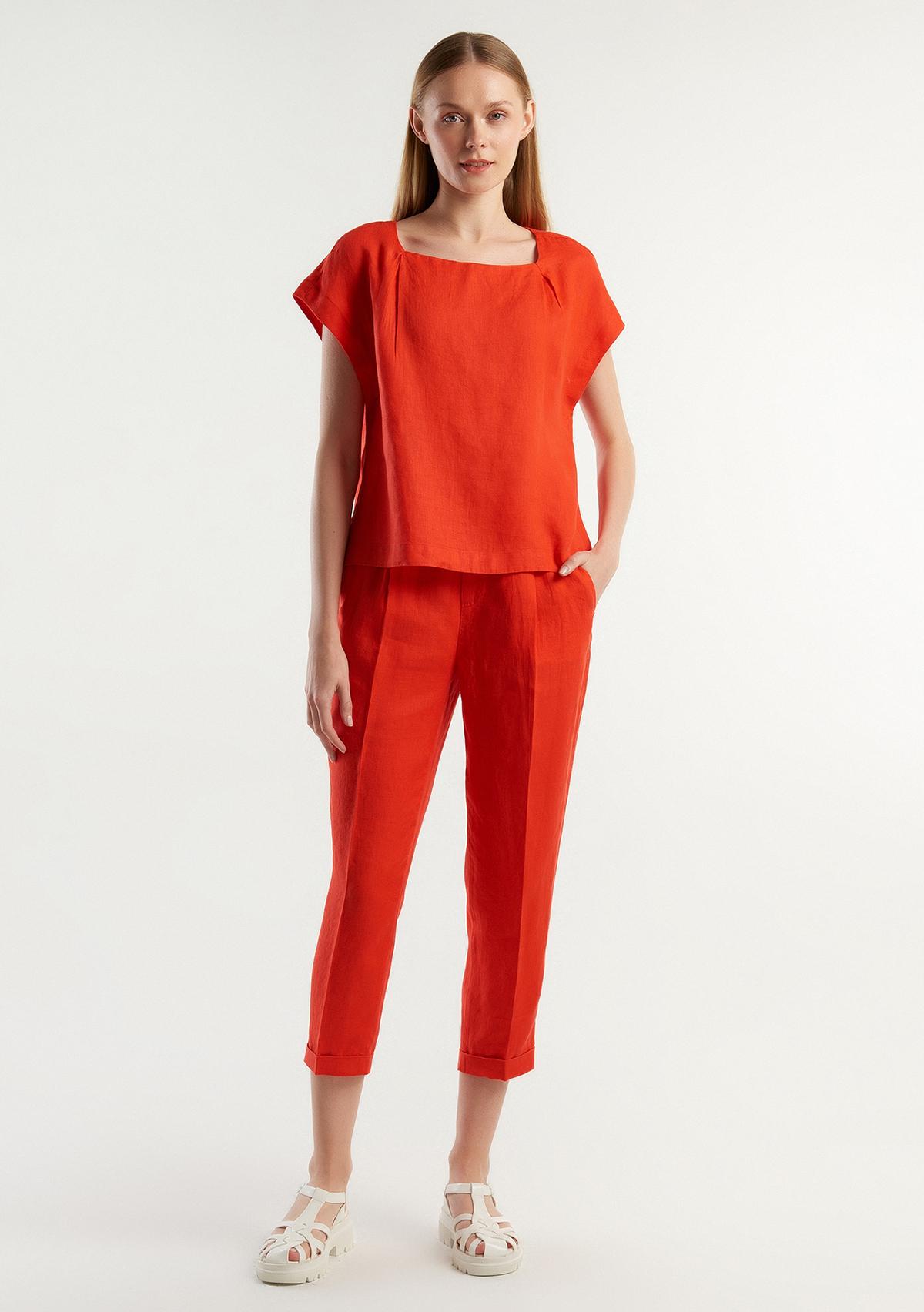 Kadın Kırmızı %100 Keten Beli Lastikli Pantolon