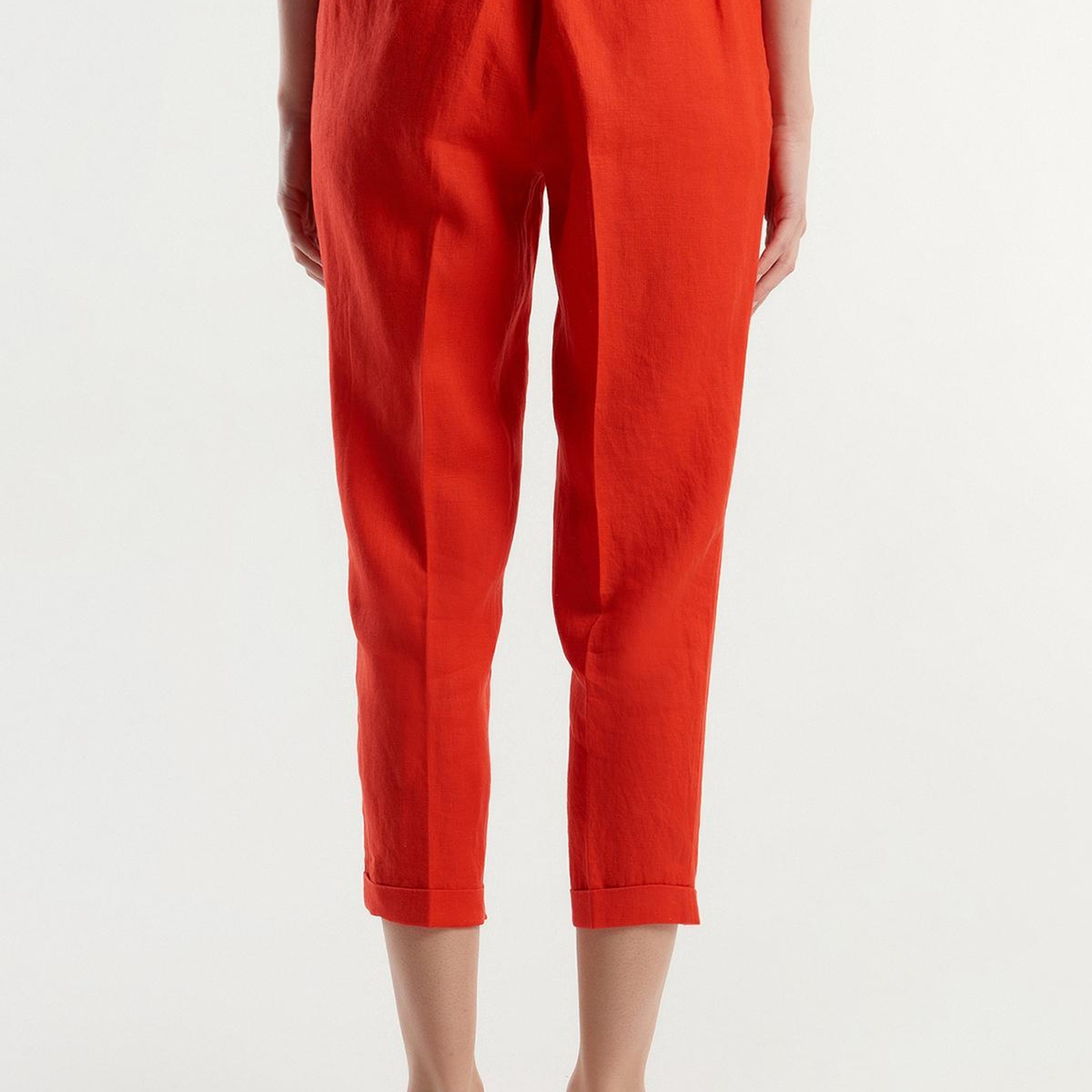 Kadın Kırmızı %100 Keten Beli Lastikli Pantolon