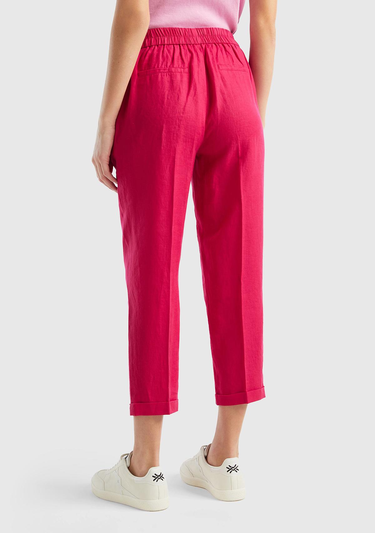 Kadın Fuşya %100 Keten Beli Lastikli Pantolon