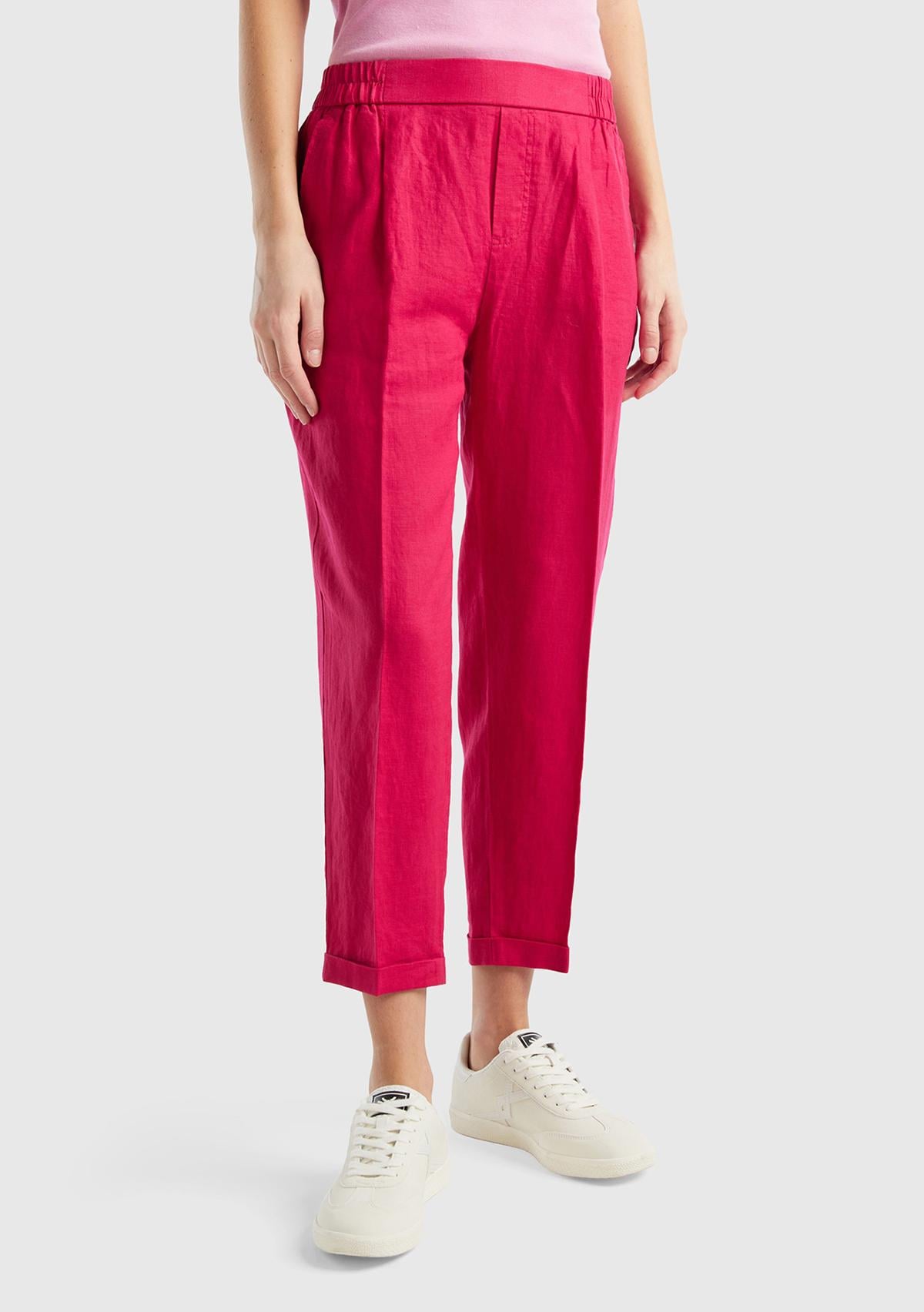 Kadın Fuşya %100 Keten Beli Lastikli Pantolon