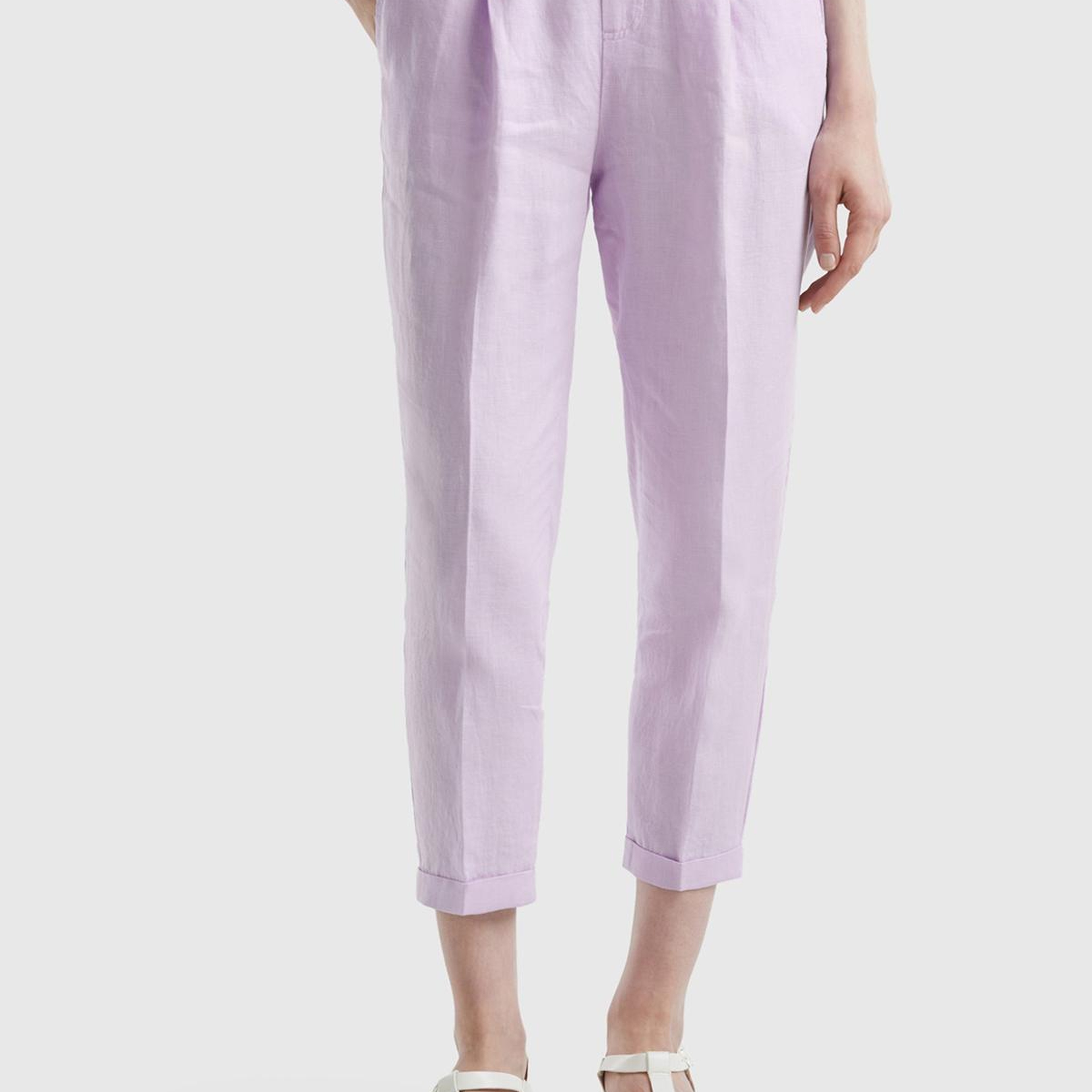 Kadın Lila %100 Keten Beli Lastikli Pantolon