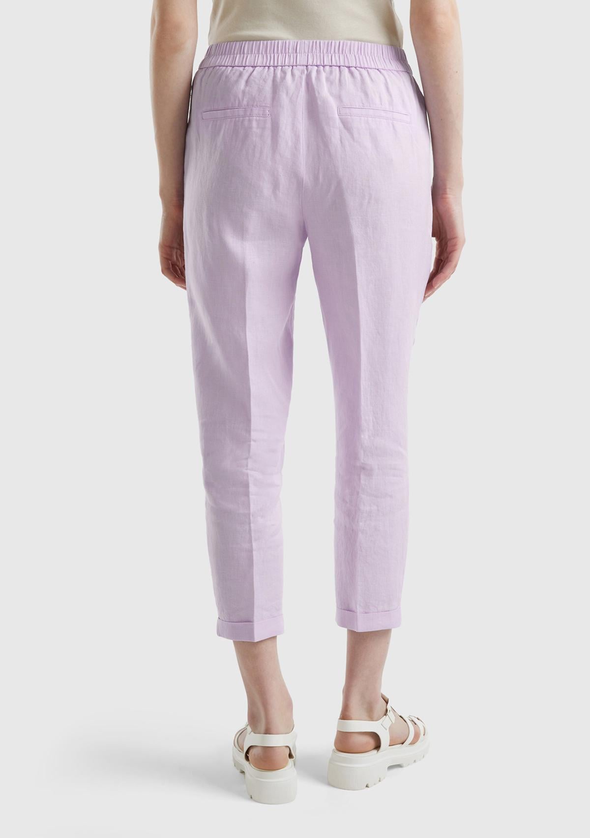 Kadın Lila %100 Keten Beli Lastikli Pantolon