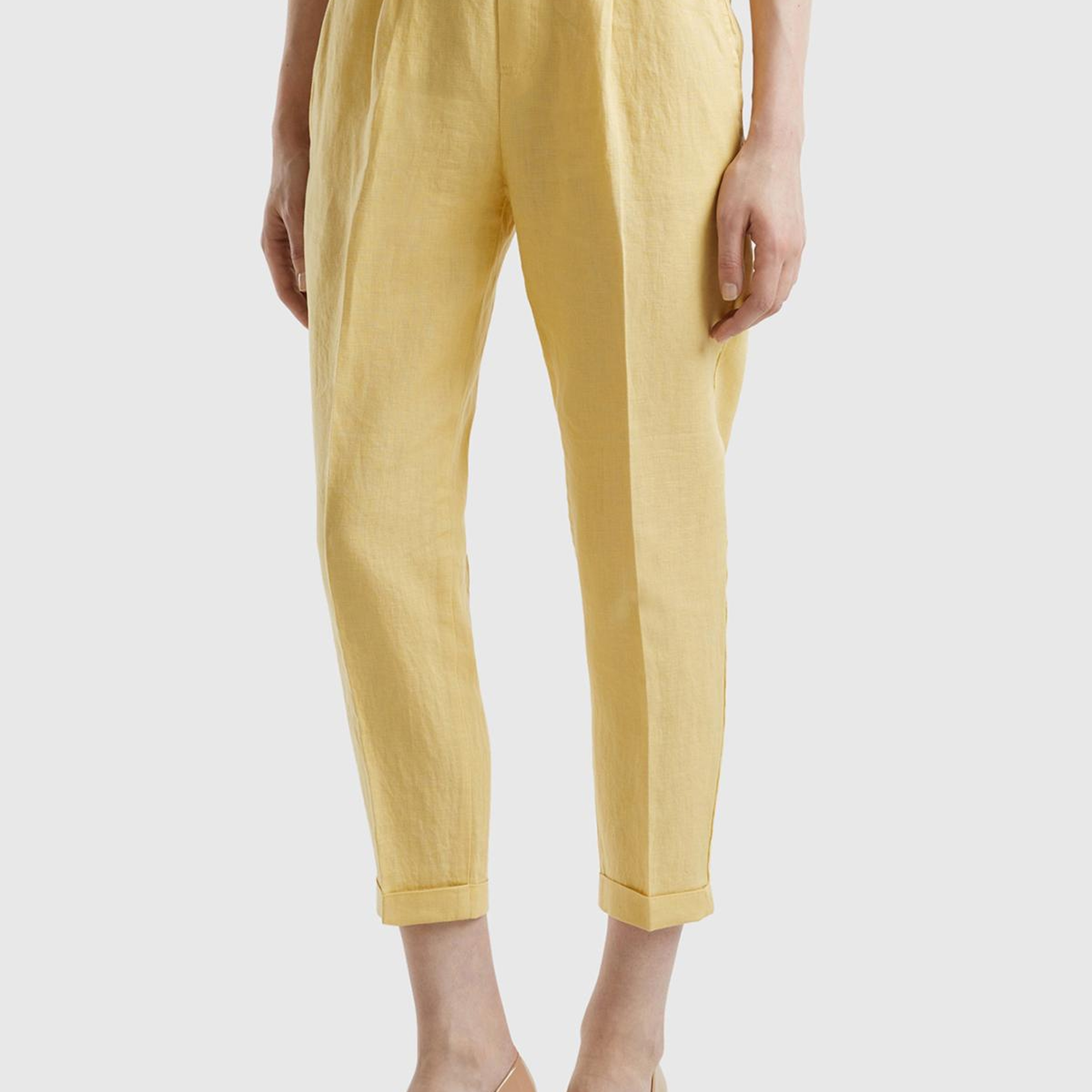 Kadın Açık Sarı %100 Keten Beli Lastikli Pantolon