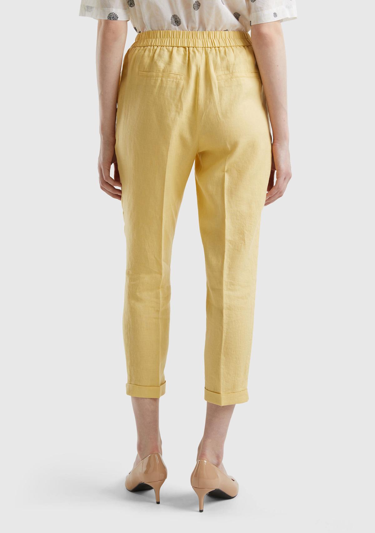 Kadın Açık Sarı %100 Keten Beli Lastikli Pantolon