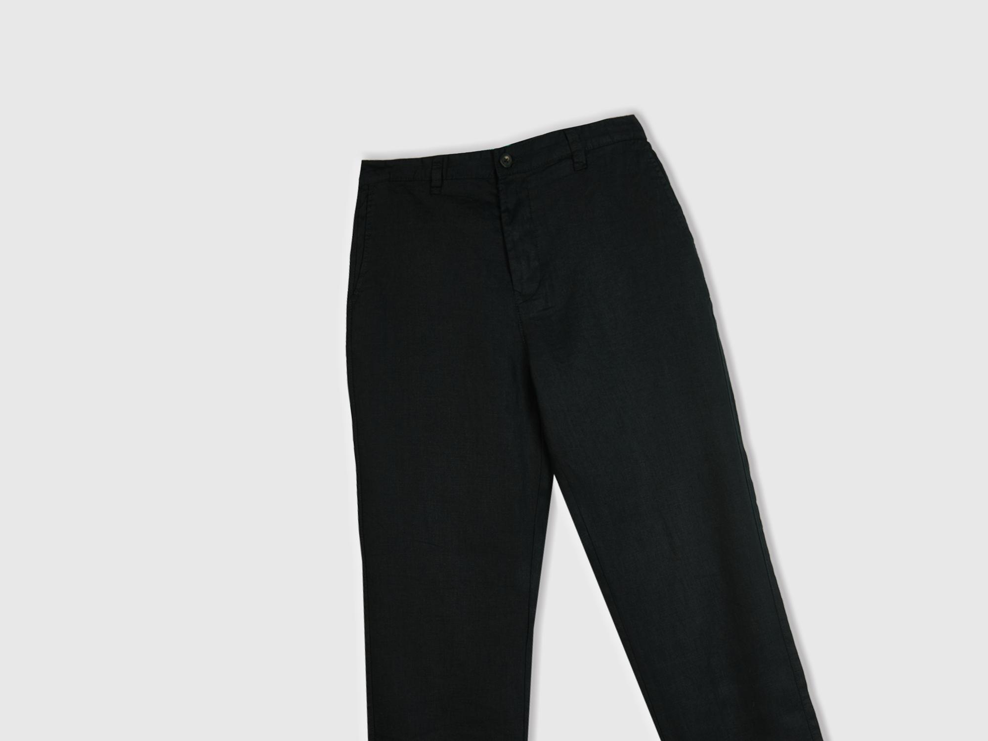 Erkek Siyah %100 Keten Arkası Yama Pantolon