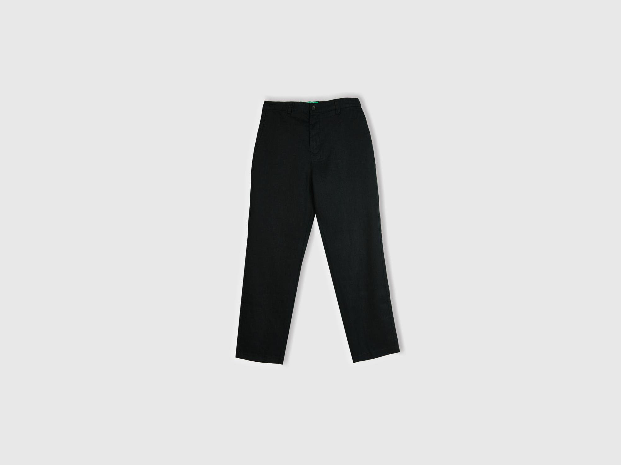 Erkek Siyah %100 Keten Arkası Yama Pantolon