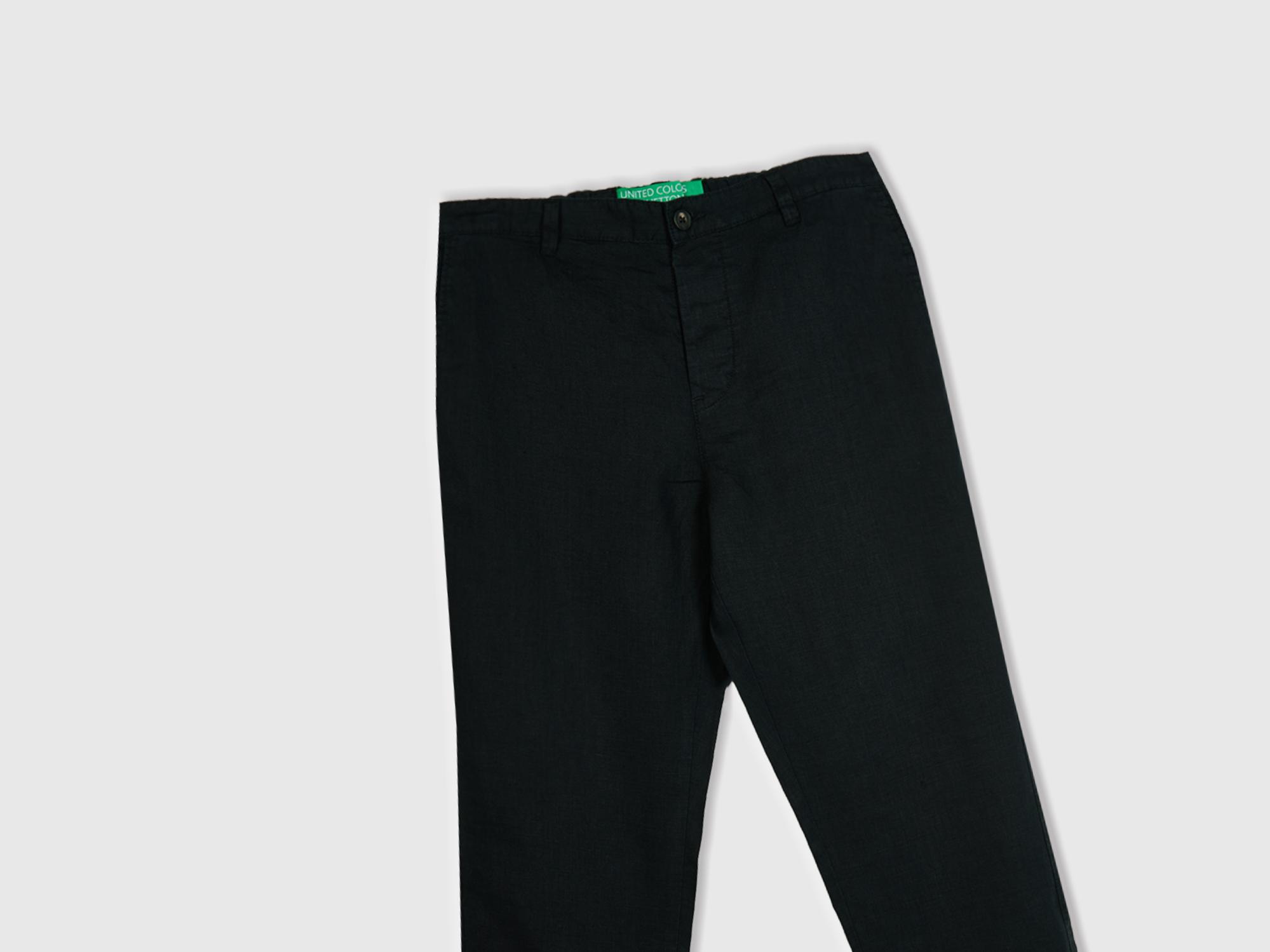 Erkek Siyah %100 Keten Arkası Yama Pantolon