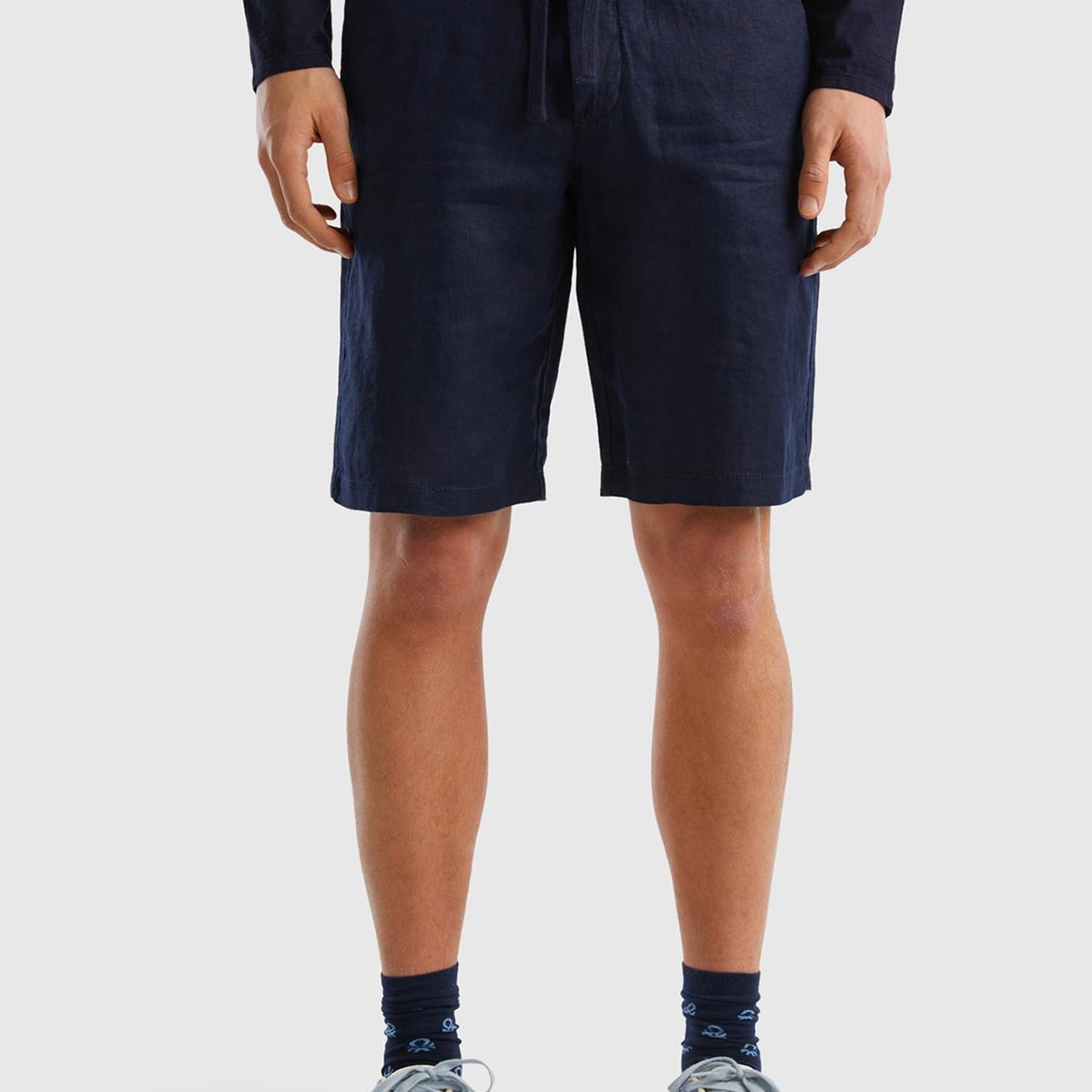 Erkek Koyu Lacivert Bağcıklı Keten Bermuda