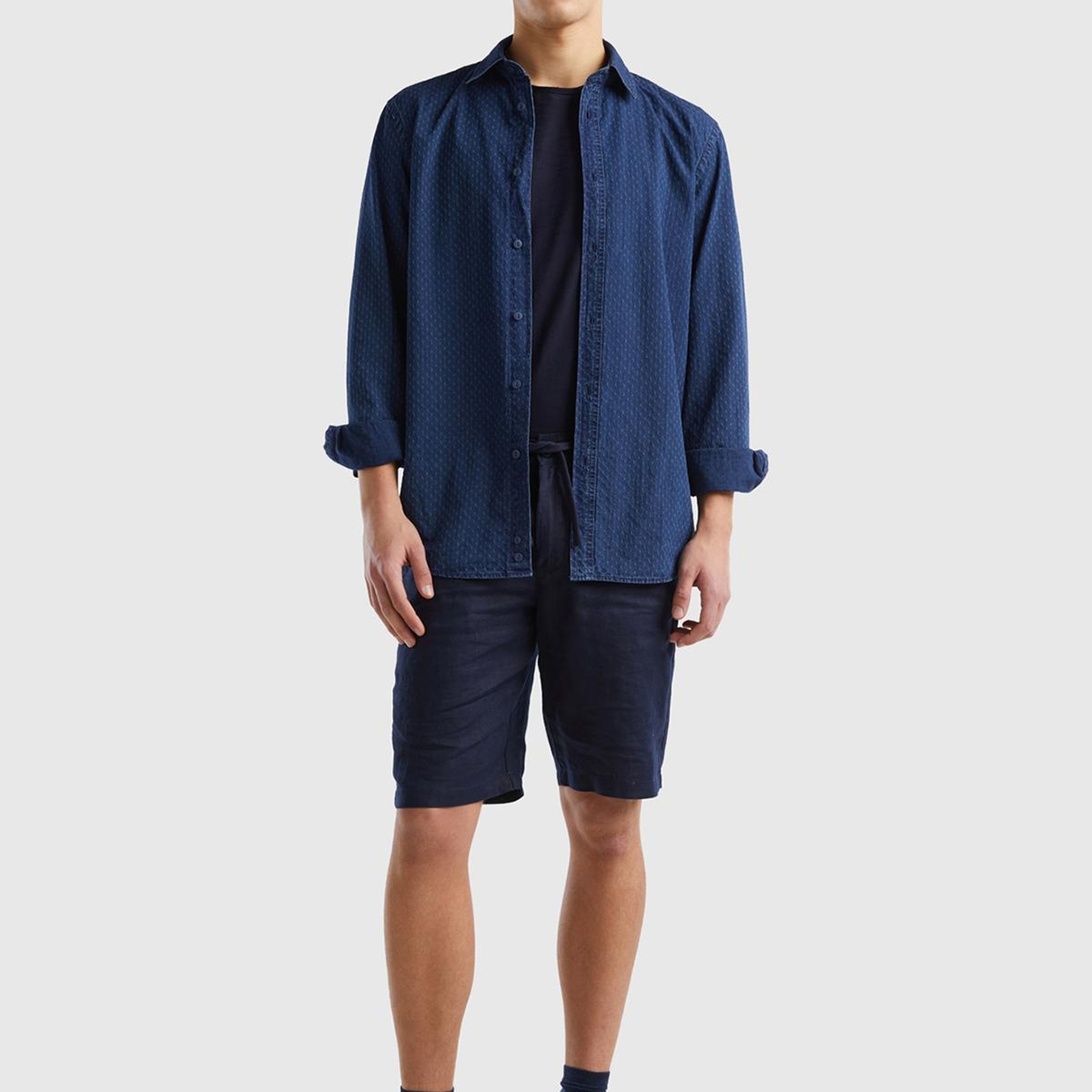 Erkek Koyu Lacivert Bağcıklı Keten Bermuda