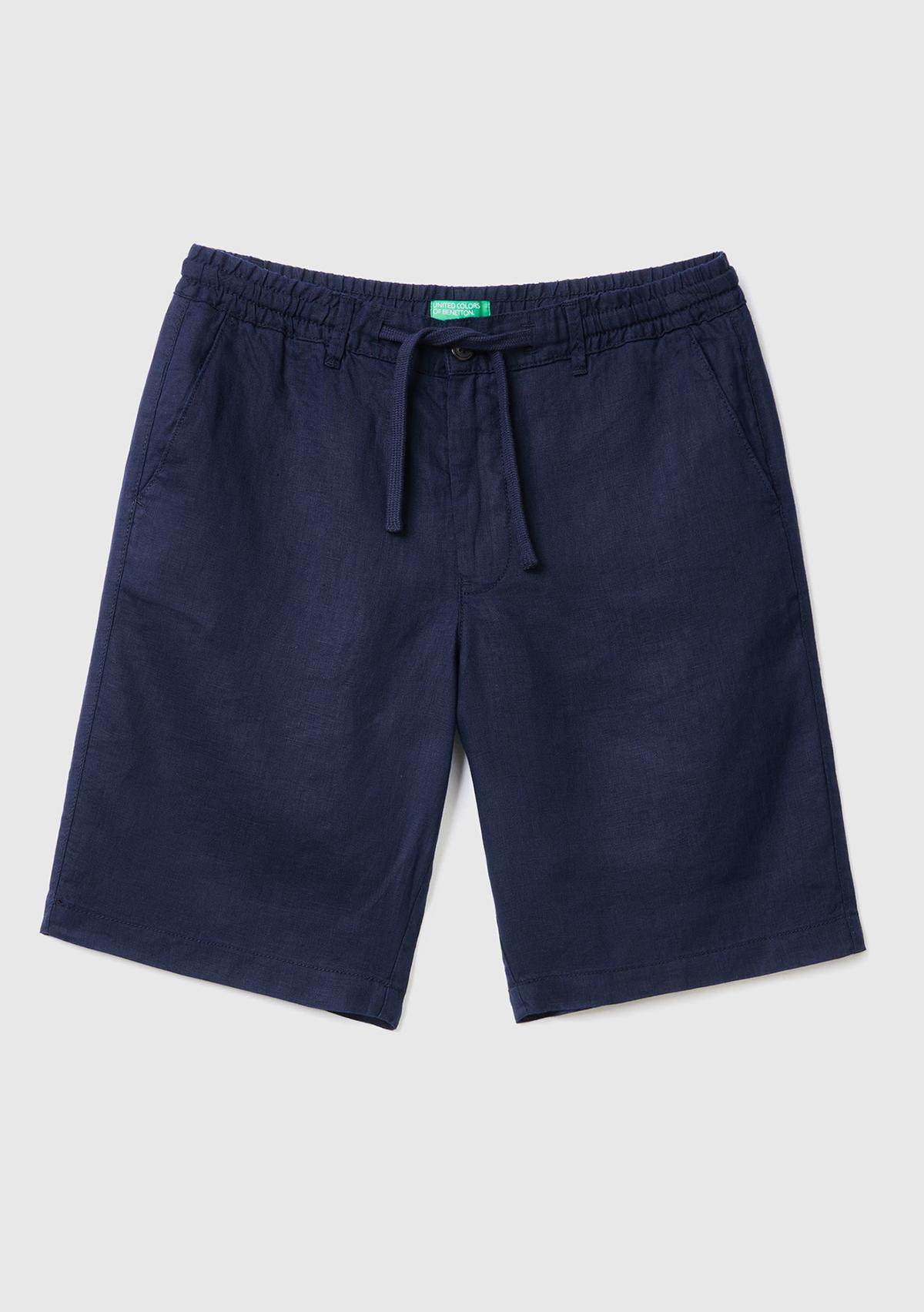 Erkek Koyu Lacivert Bağcıklı Keten Bermuda