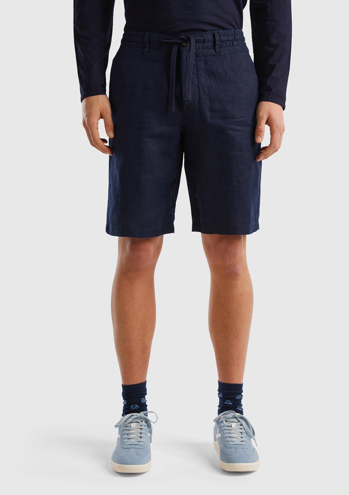 Erkek Koyu Lacivert Bağcıklı Keten Bermuda