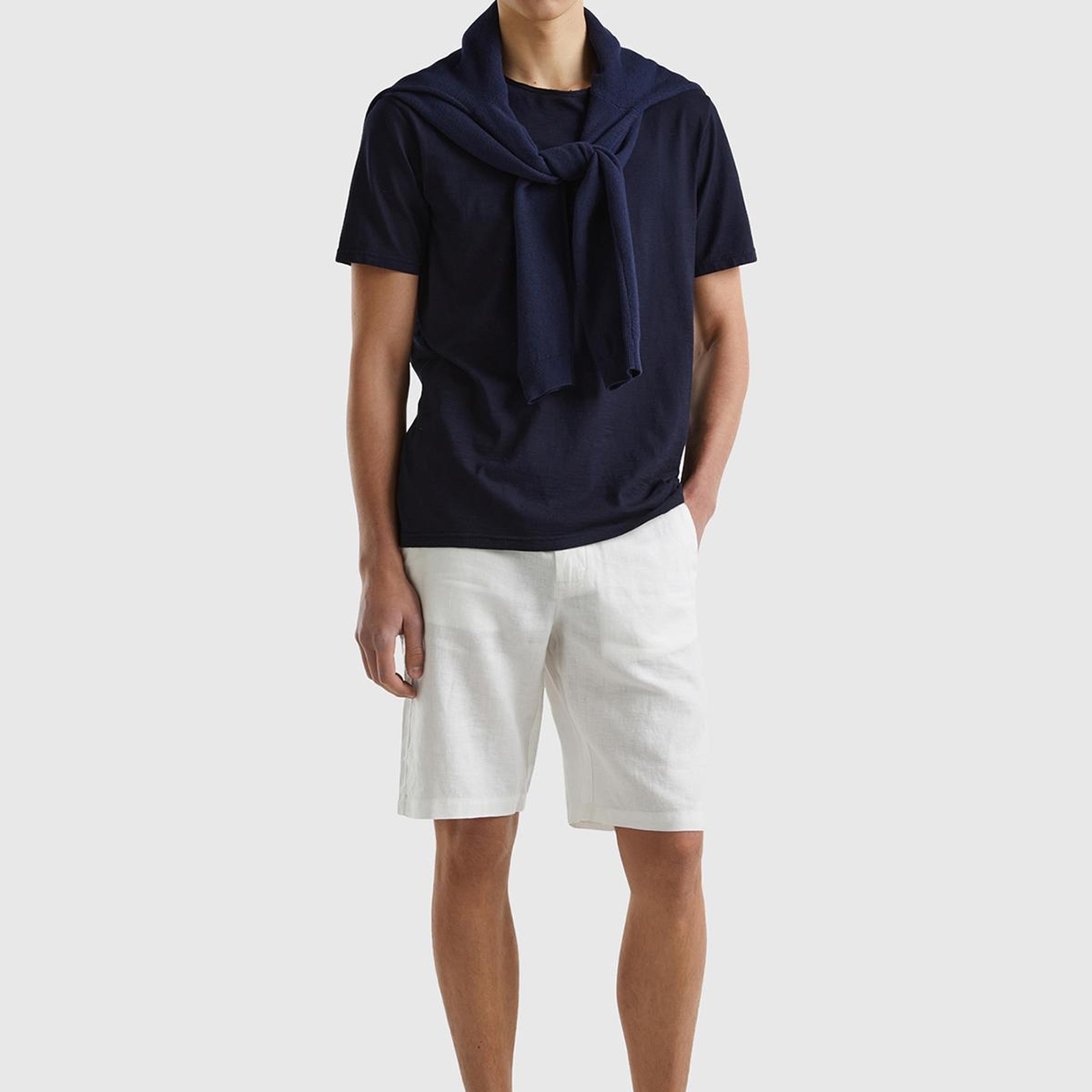 Erkek Krem Bağcıklı Keten Bermuda