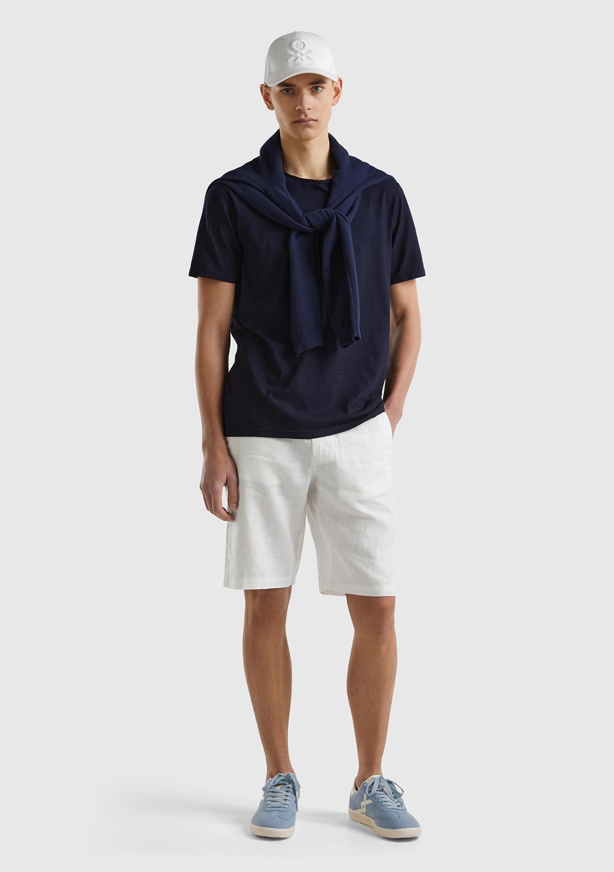 Erkek Krem Bağcıklı Keten Bermuda