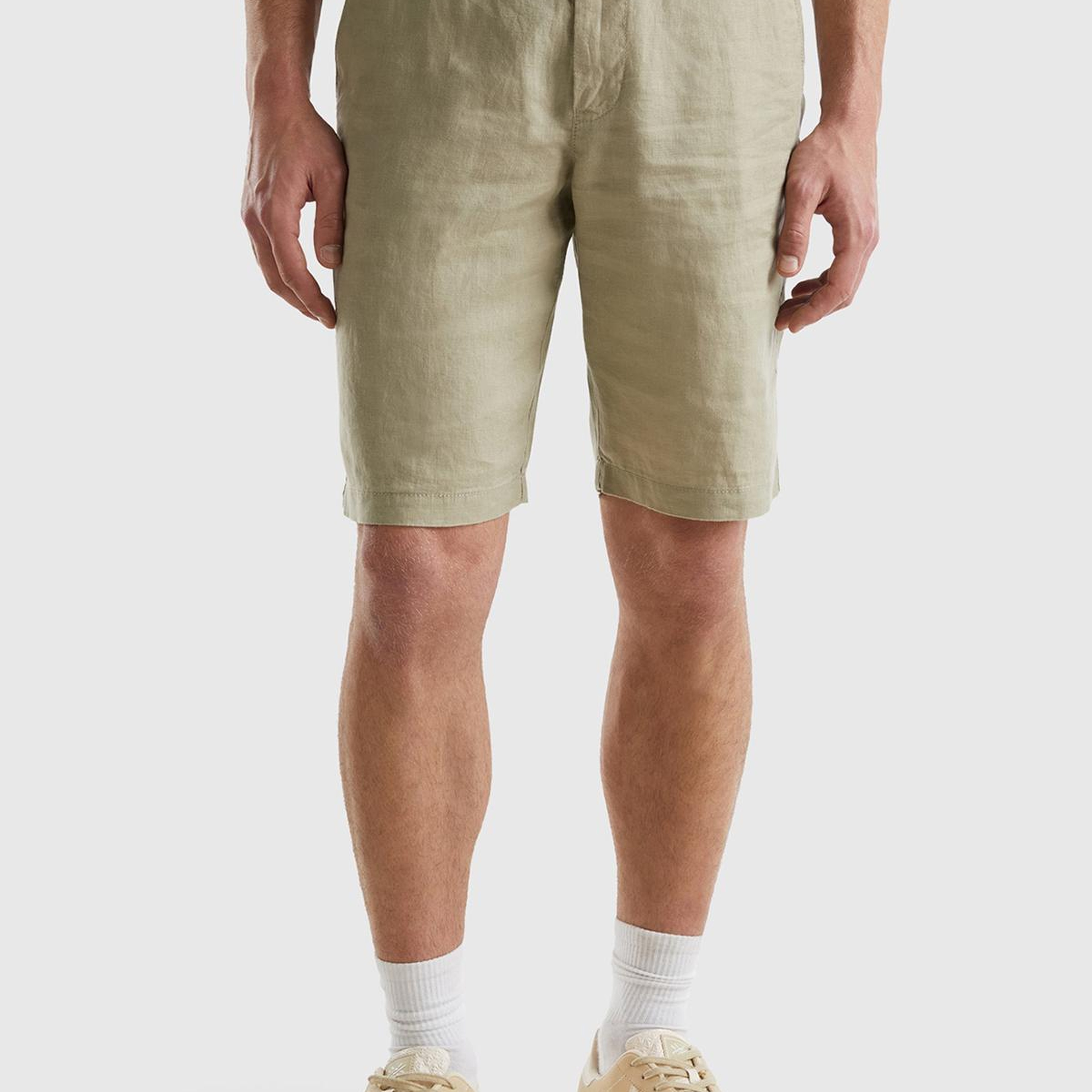 Erkek Haki Bağcıklı Keten Bermuda