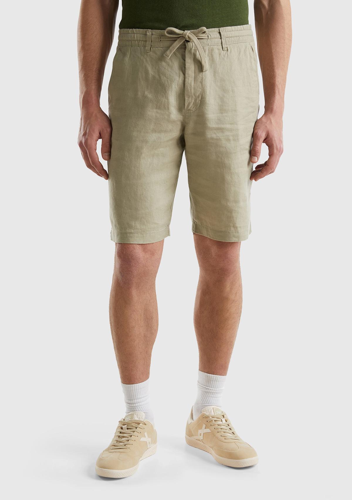 Erkek Haki Bağcıklı Keten Bermuda