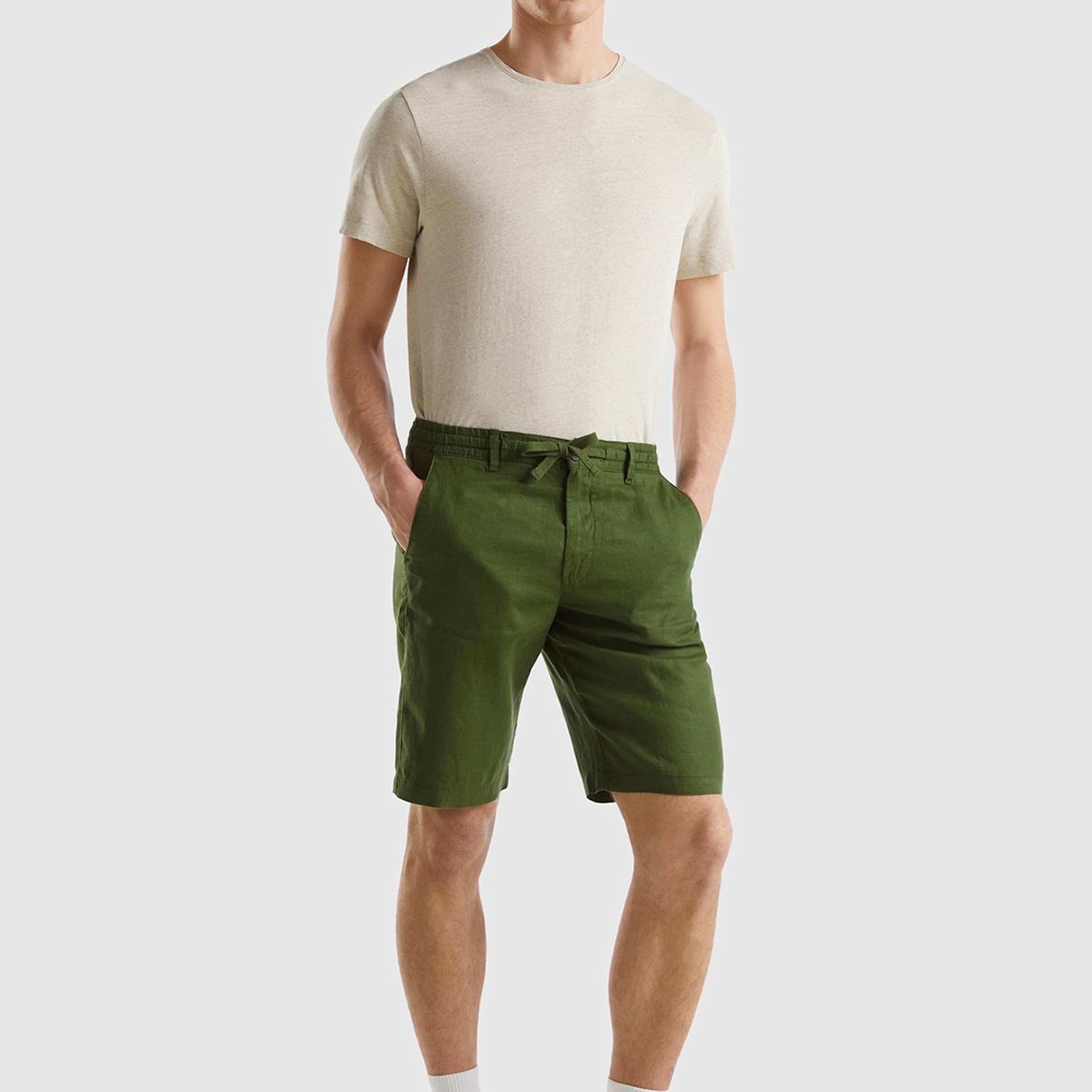 Erkek Koyu Yeşil Bağcıklı Keten Bermuda