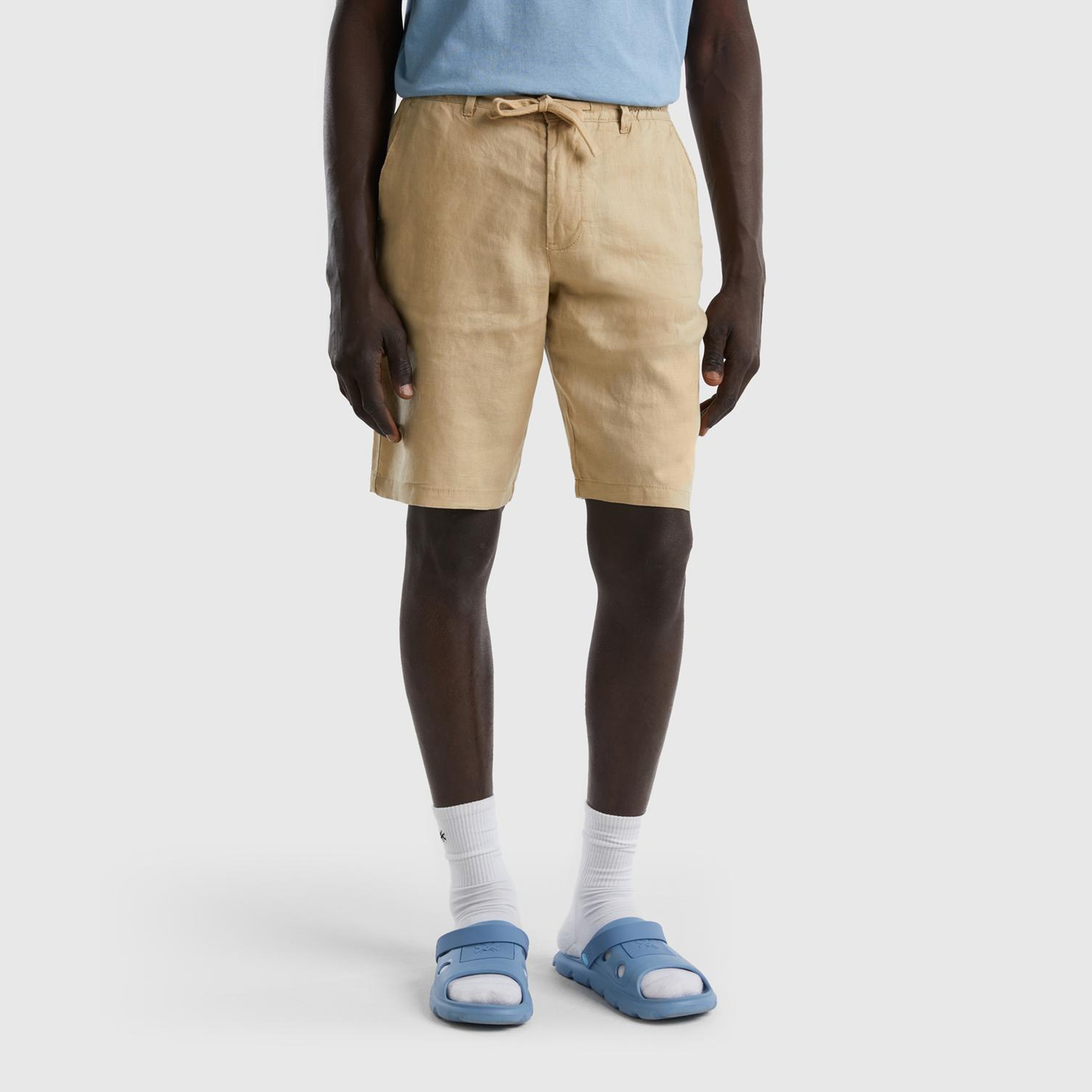 Erkek Bej Bağcıklı Keten Bermuda