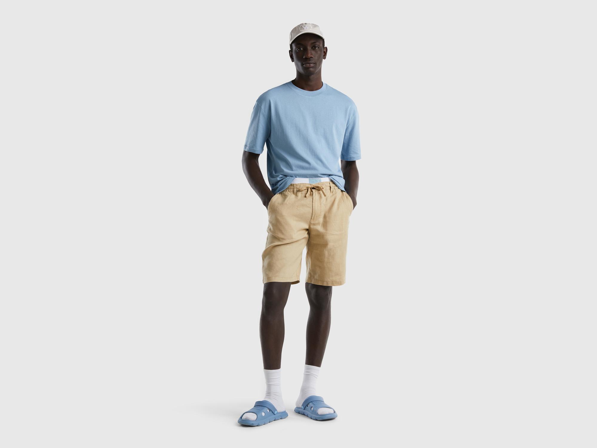 Erkek Bej Bağcıklı Keten Bermuda