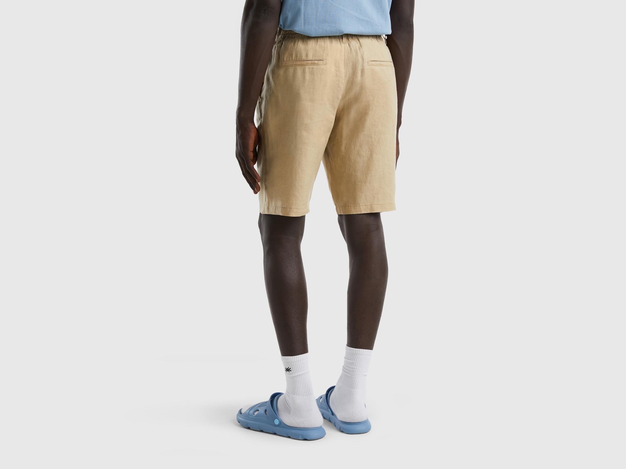 Erkek Bej Bağcıklı Keten Bermuda