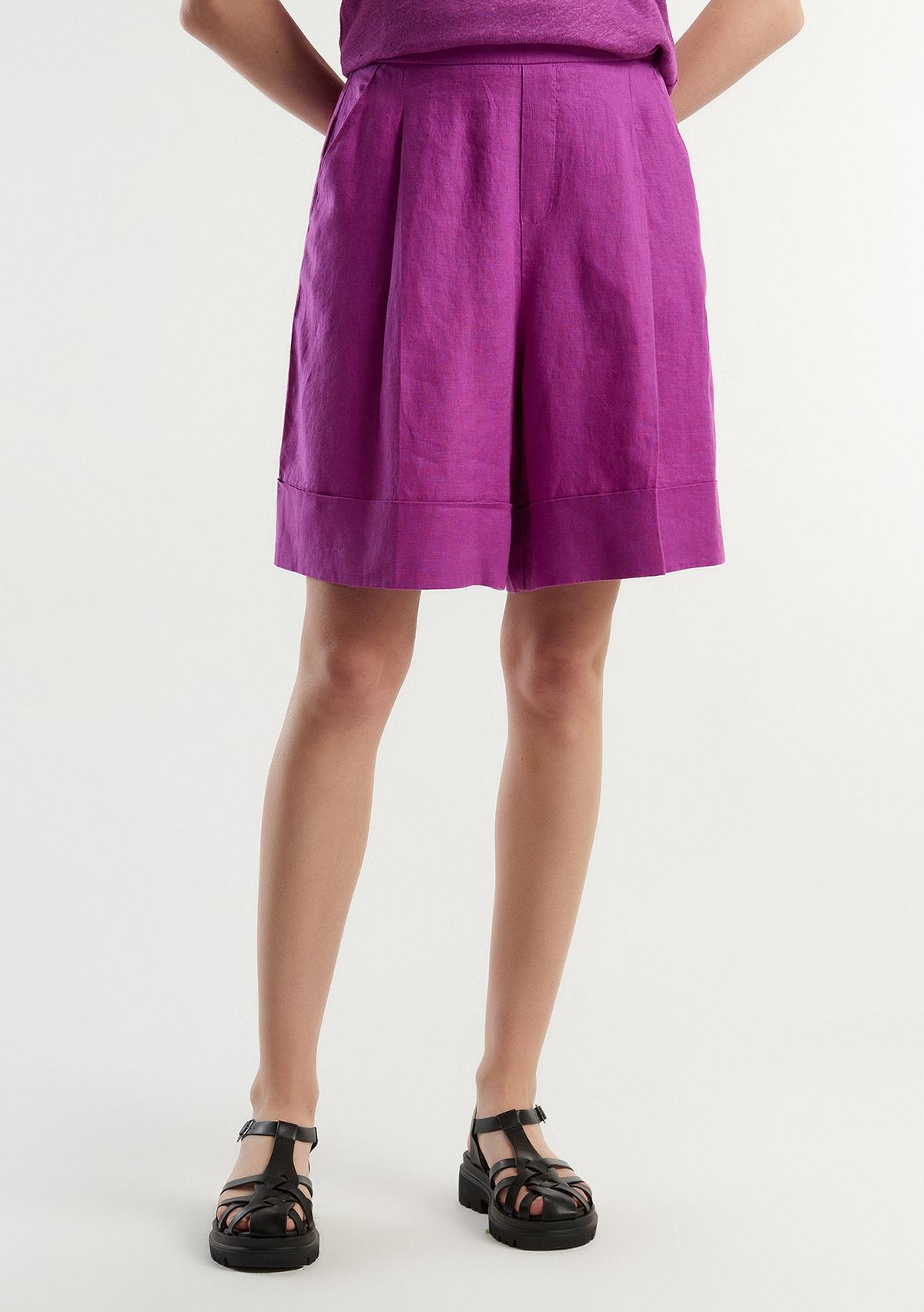 Kadın Mor %100 Keten Beli Lastikli  Bermuda Şort