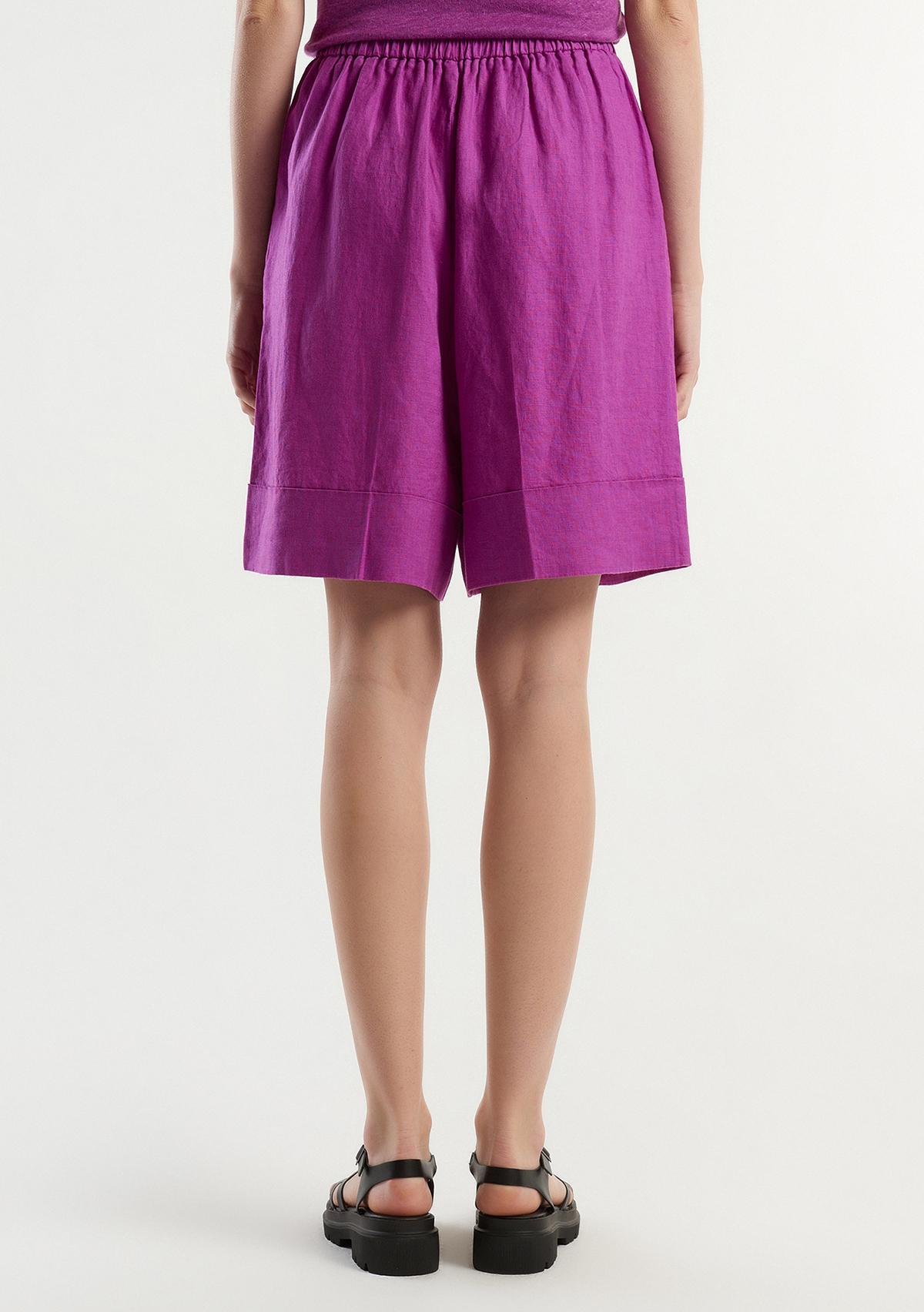 Kadın Mor %100 Keten Beli Lastikli  Bermuda Şort