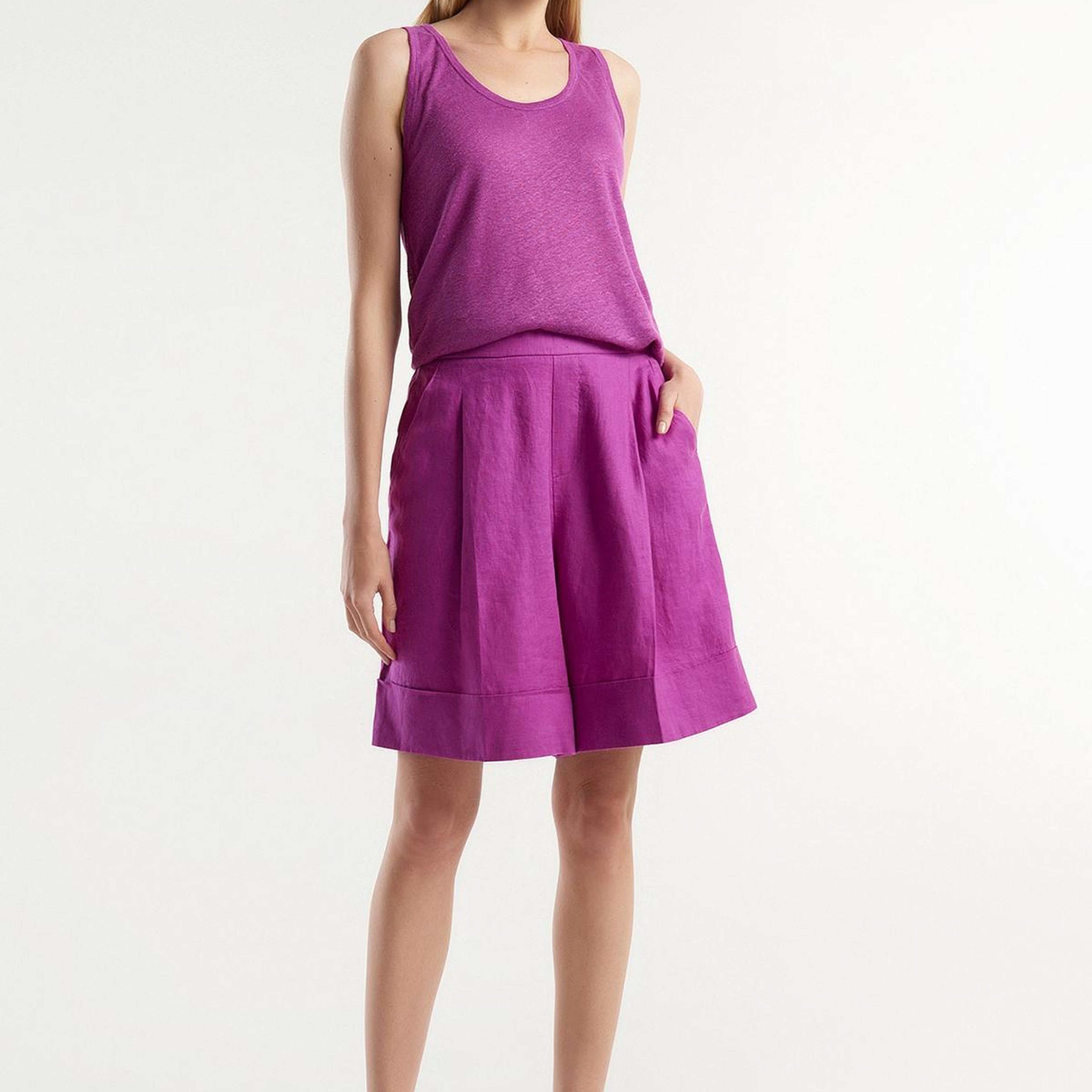 Kadın Mor %100 Keten Beli Lastikli  Bermuda Şort