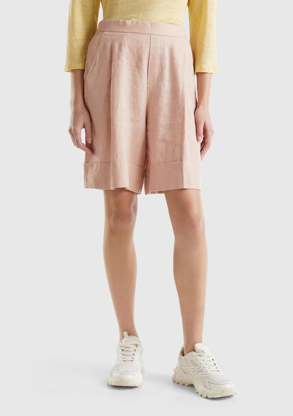 Kadın Pudra %100 Keten Beli Lastikli  Bermuda Şort