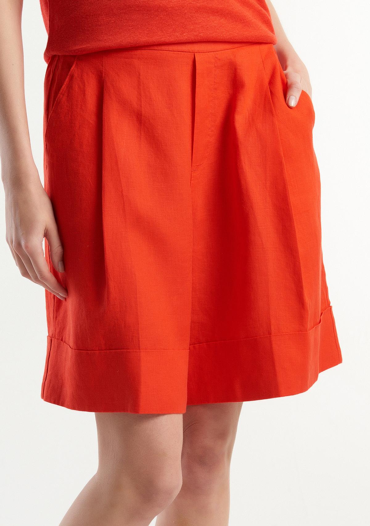 Kadın Kırmızı %100 Keten Beli Lastikli  Bermuda Şort