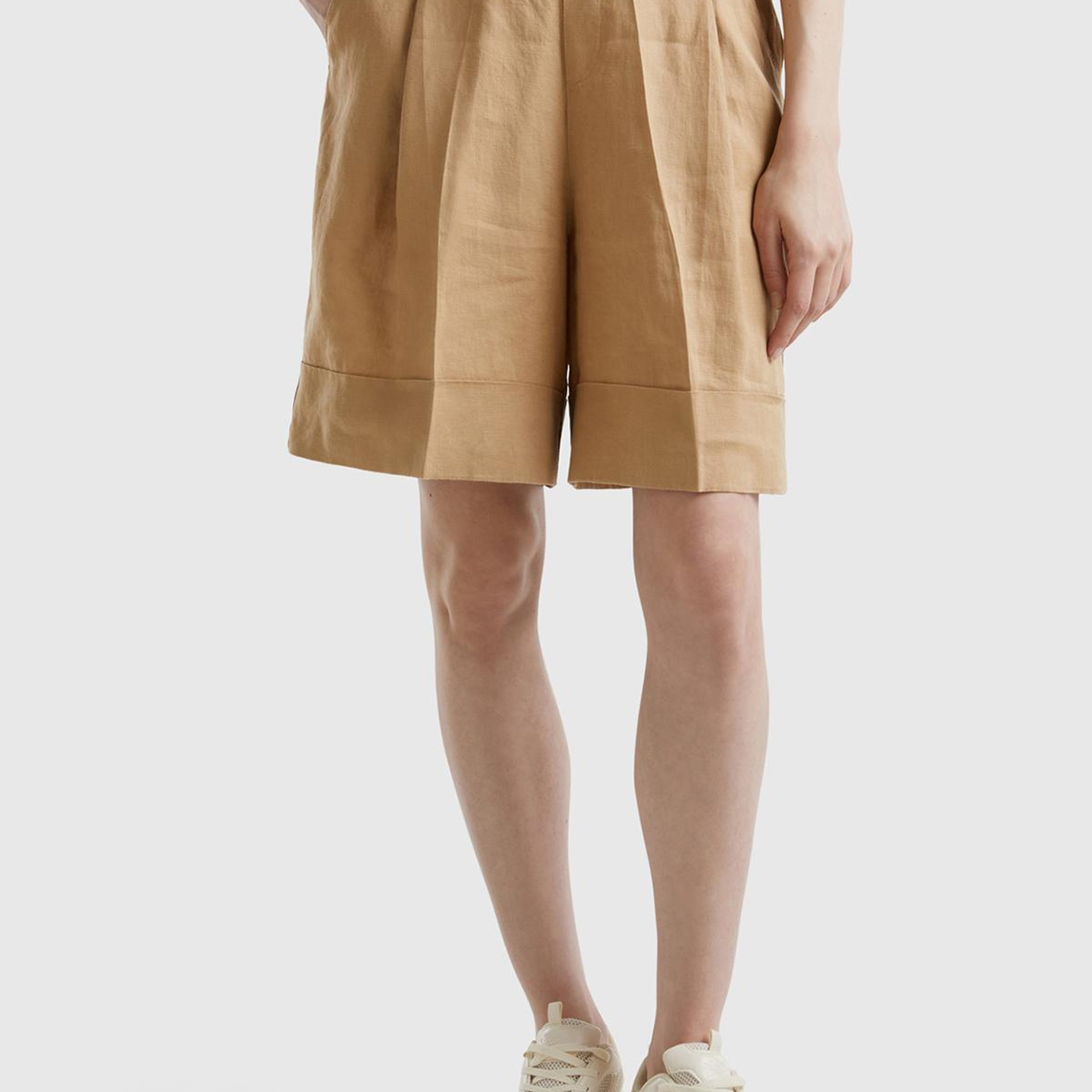 Kadın Taba %100 Keten Beli Lastikli  Bermuda Şort