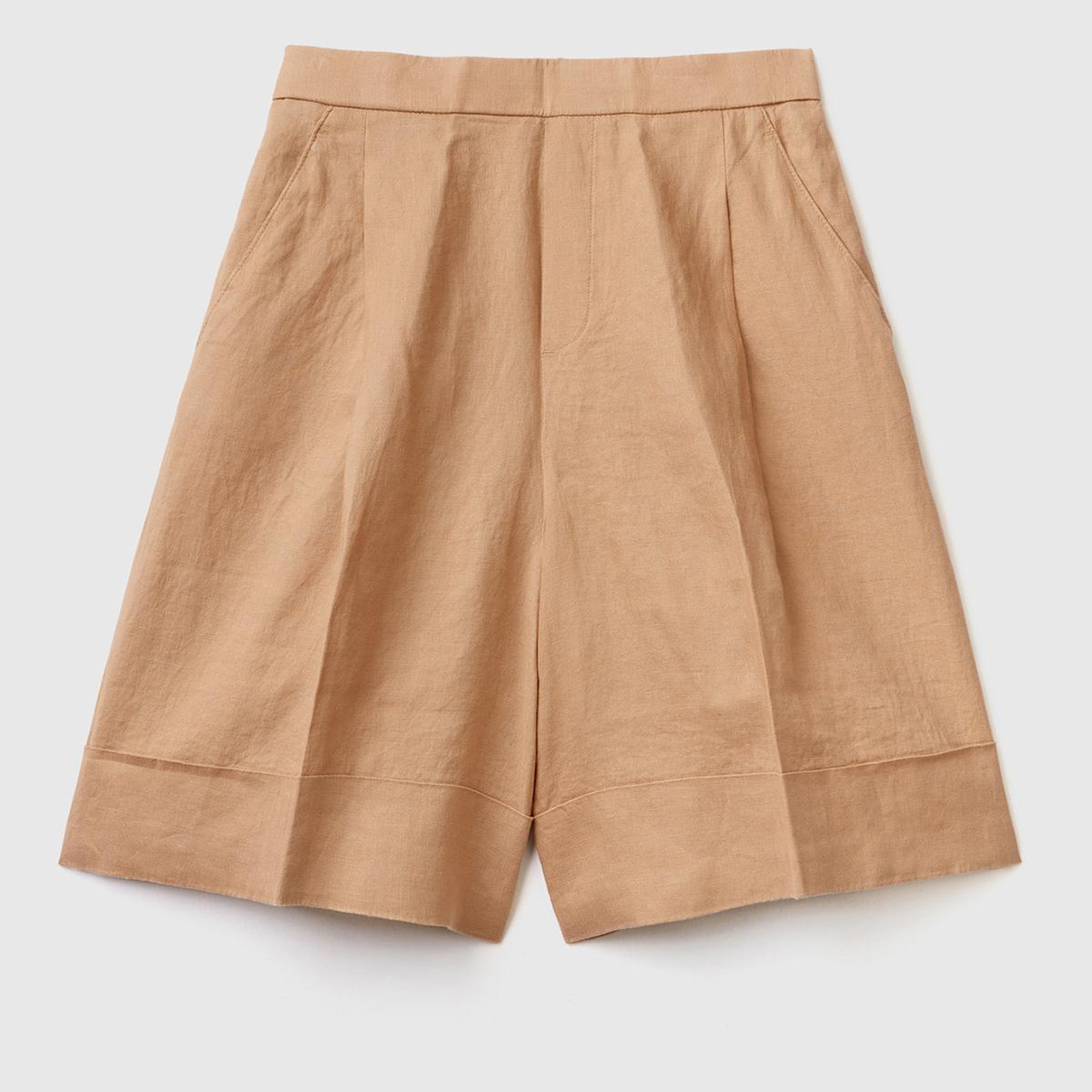 Kadın Taba %100 Keten Beli Lastikli Bermuda Şort
