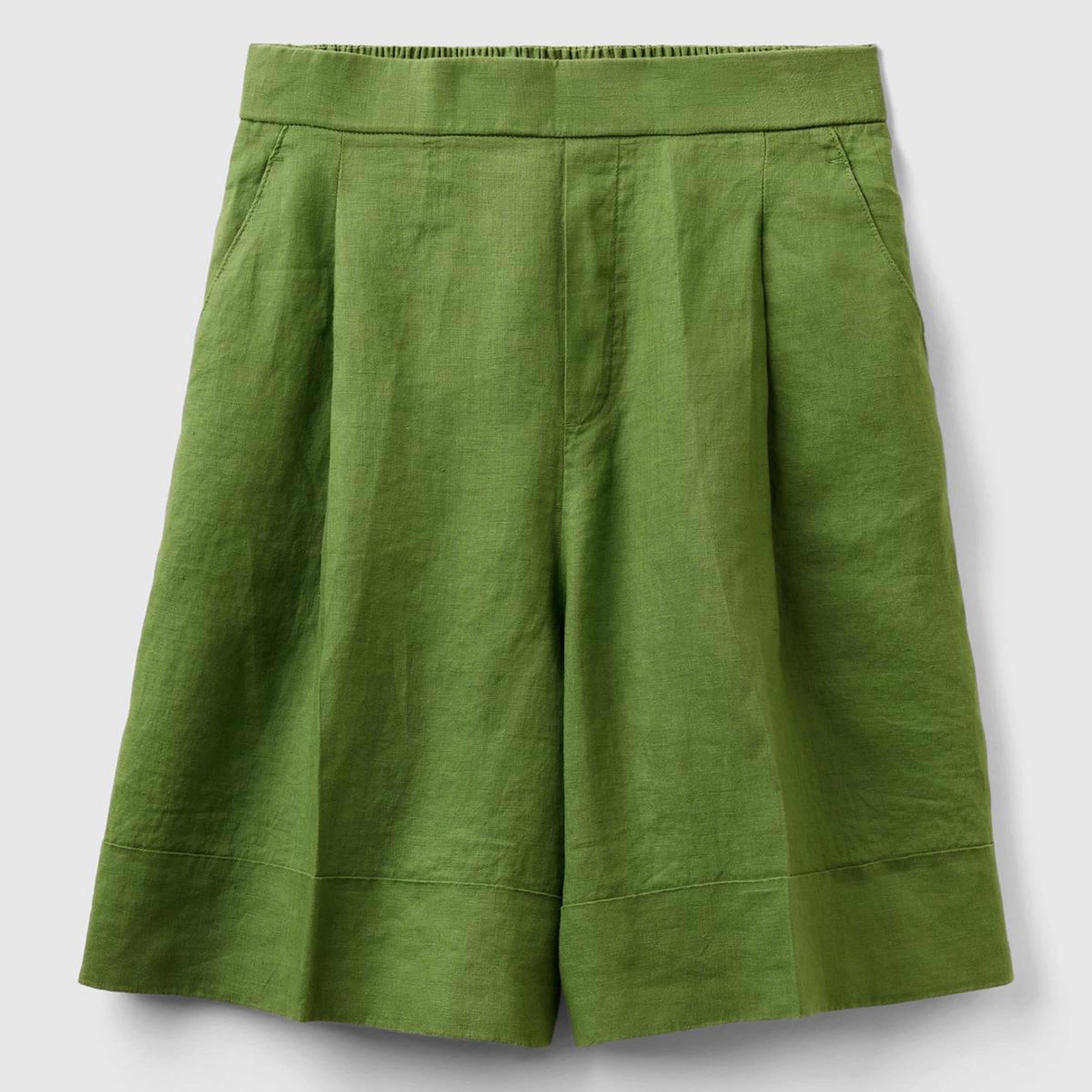 Kadın Soluk Yeşil %100 Keten Beli Lastikli  Bermuda Şort