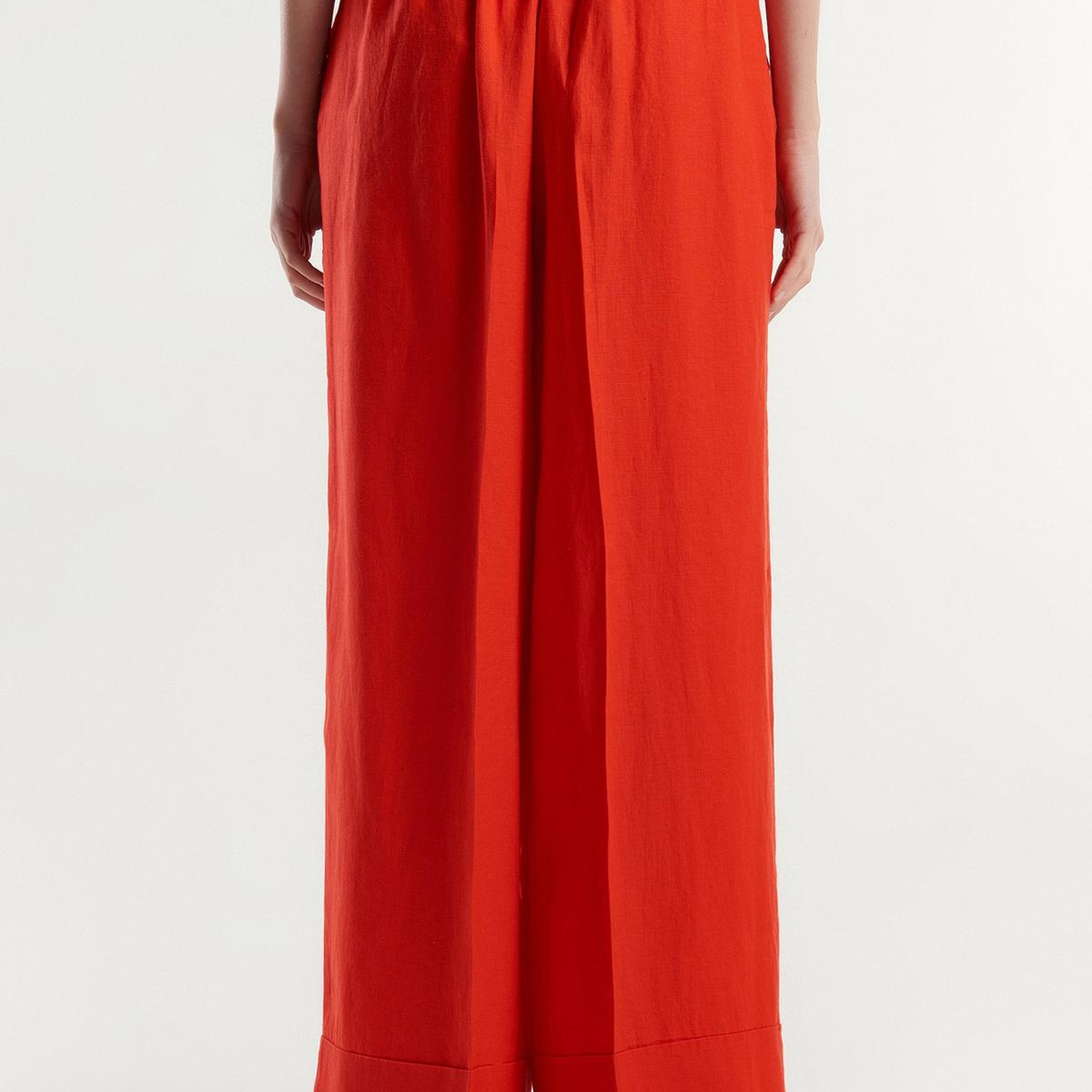 Kadın Kırmızı %100 Keten Beli Lastikli Geniş Kesim Pantolon