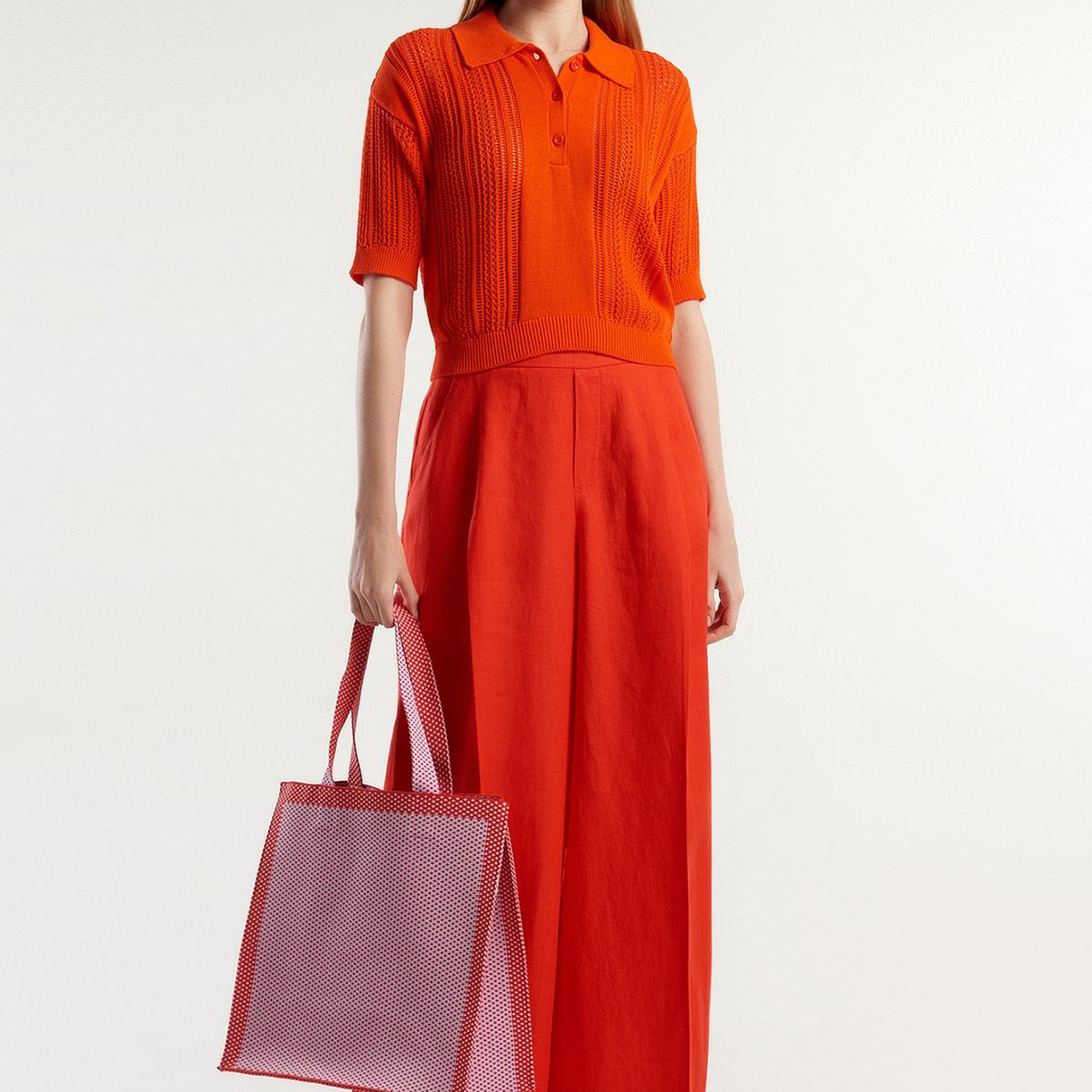 Kadın Kırmızı %100 Keten Beli Lastikli Geniş Kesim Pantolon