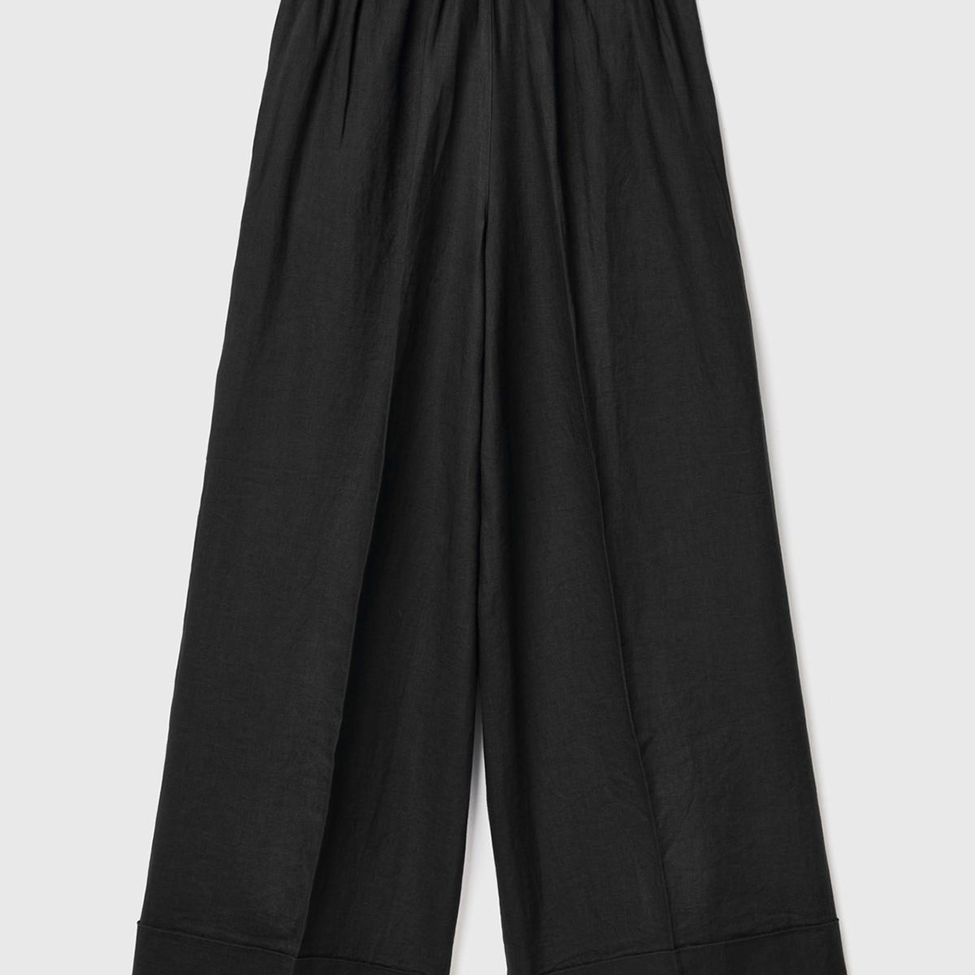 Kadın Siyah %100 Keten Beli Lastikli Geniş Kesim Pantolon