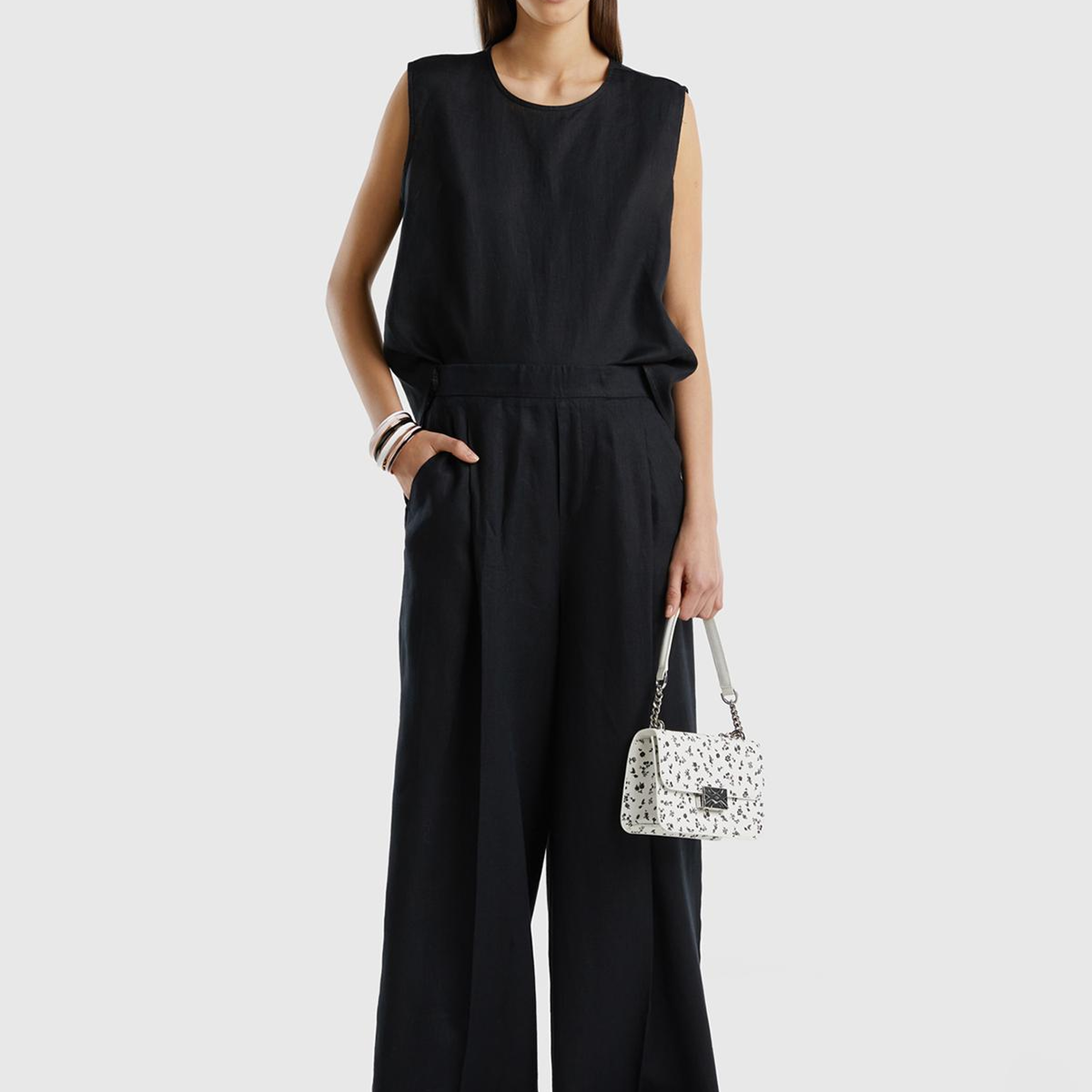 Kadın Siyah %100 Keten Beli Lastikli Geniş Kesim Pantolon