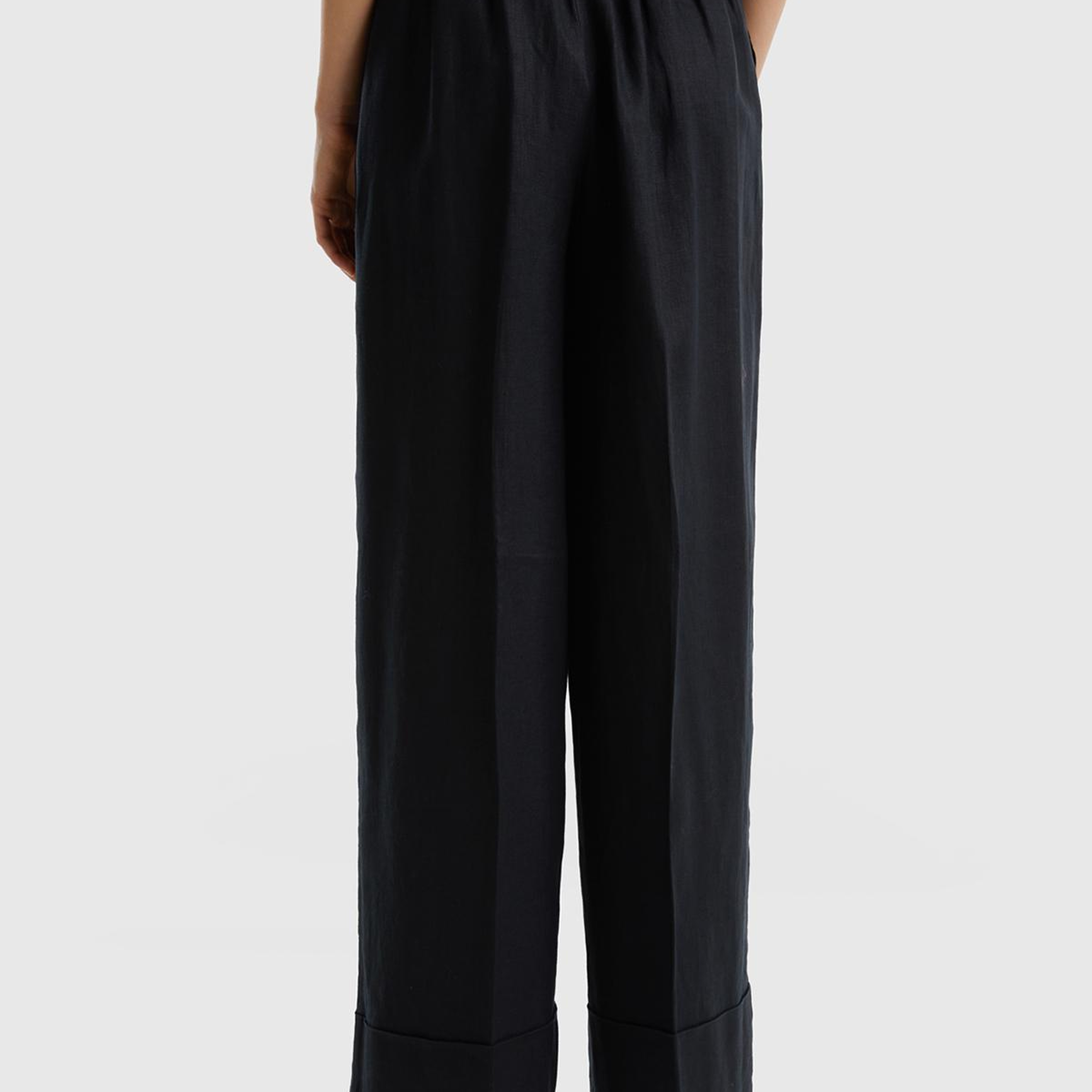 Kadın Siyah %100 Keten Beli Lastikli Geniş Kesim Pantolon